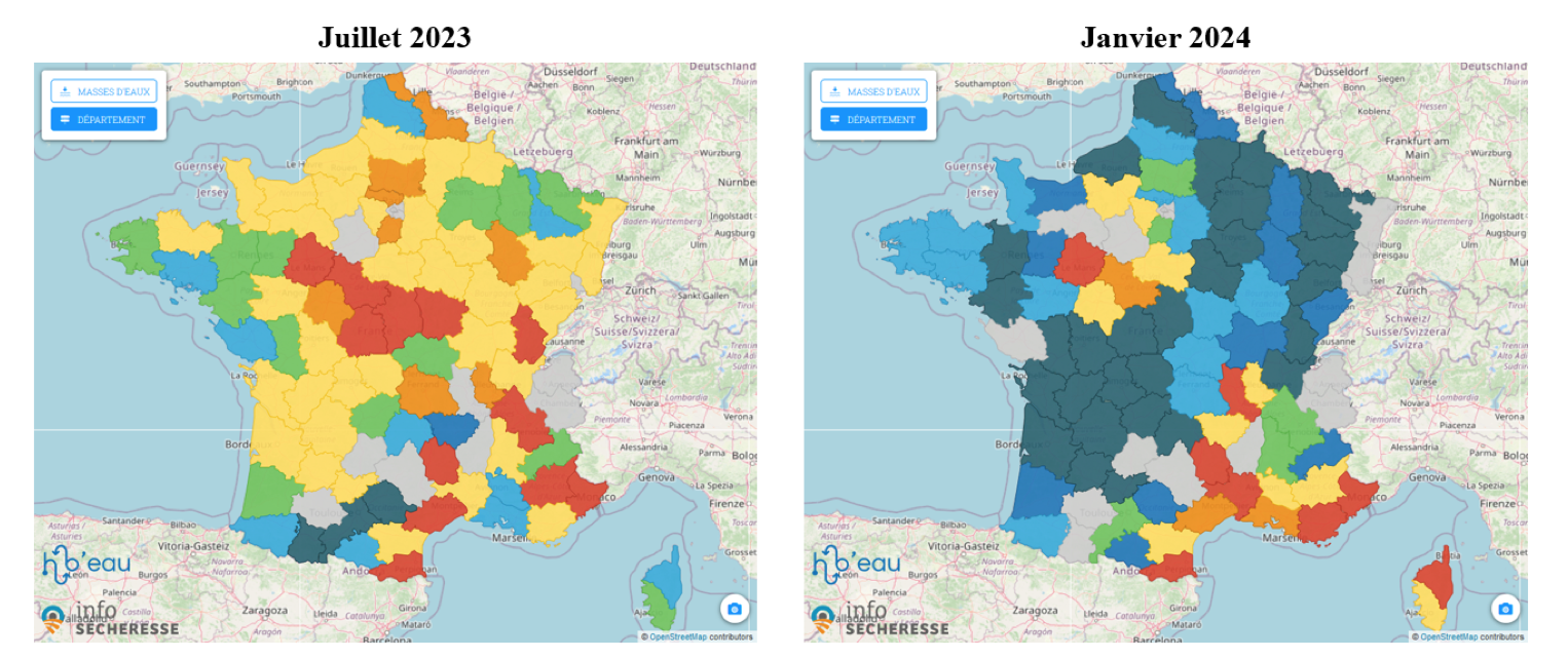 Comparaison de la situation des nappes entre juillet 2023 et début janvier 2024 (Source : Info sécheresse)