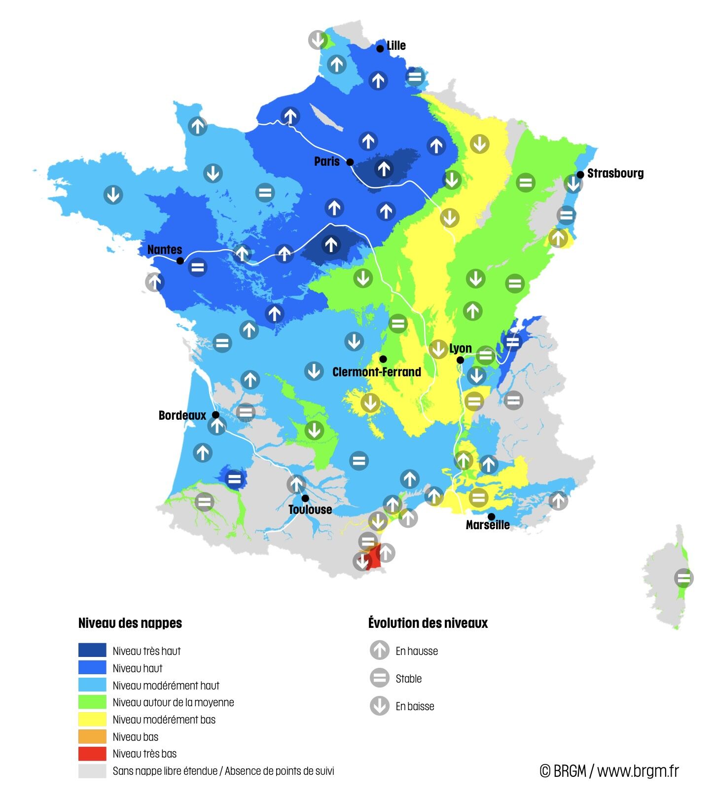 Niveau des nappes et tendances évolutives en date du 1er mars 2025 (Source : BRGM)