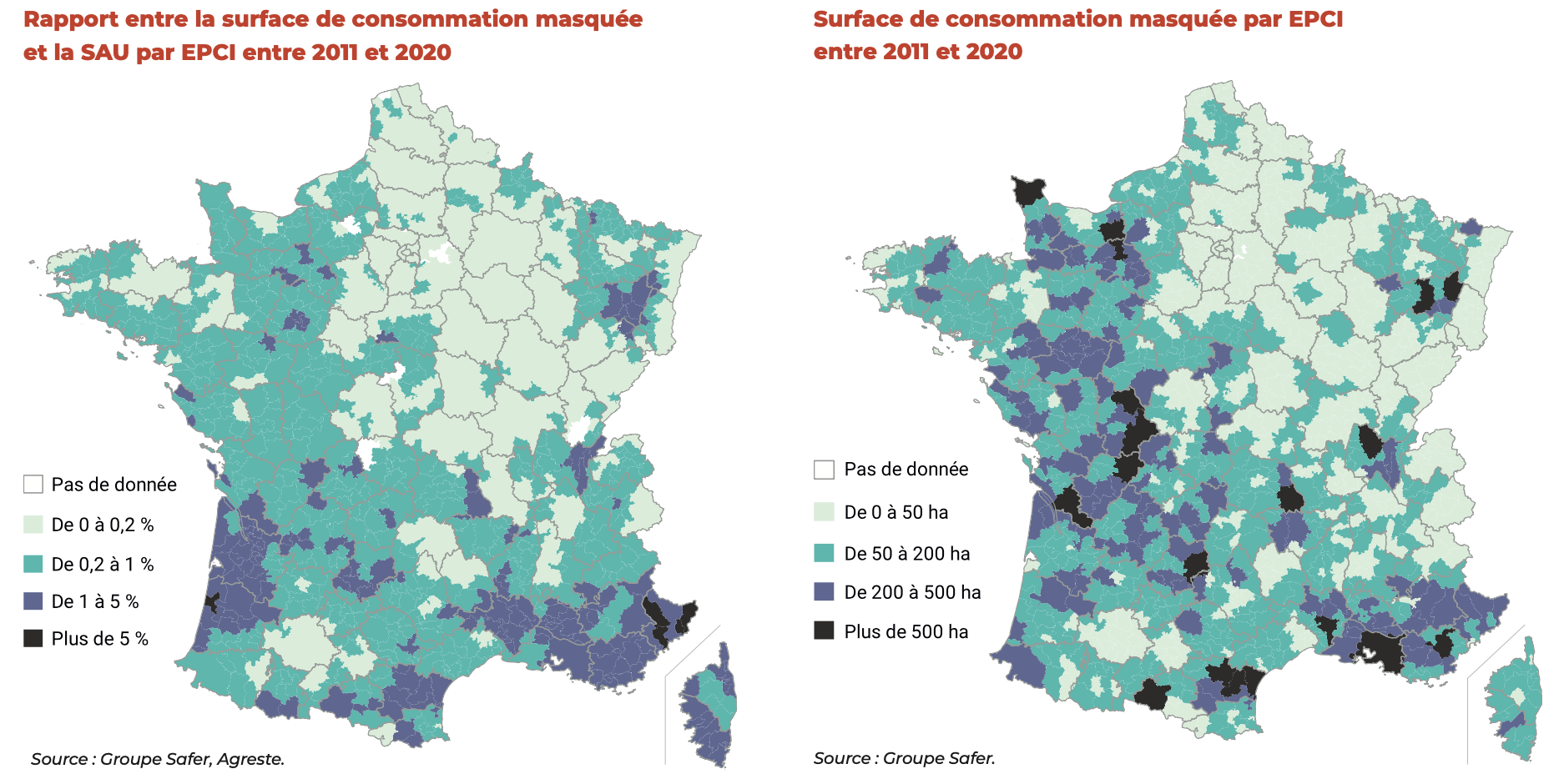 Evolution de la consommation masquée des espaces agricoles entre 2011 et 2020 (Source : Groupe Safer)