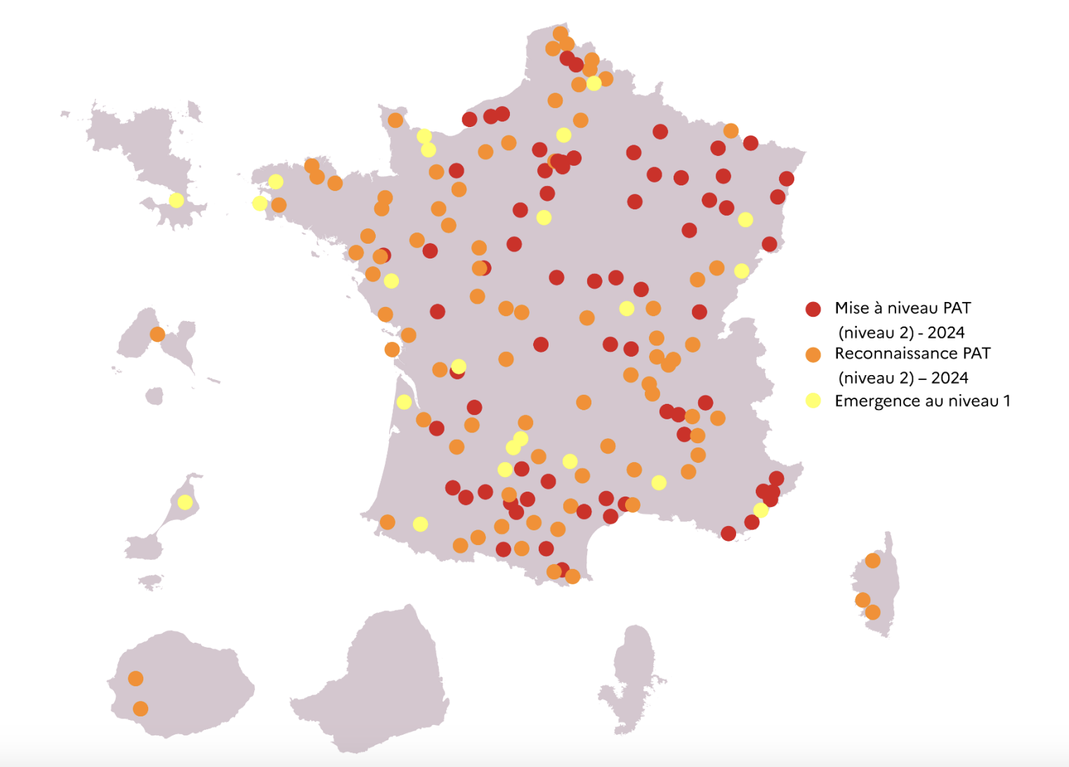 En dépit de la montée en puissance des PAT (ici ceux soutenus en 2024), sur 453 PAT, seuls 137 sont opérationnels (niveau 2), les autres étant au stade de projets émergents (Source : Ministère de l’Agriculture)