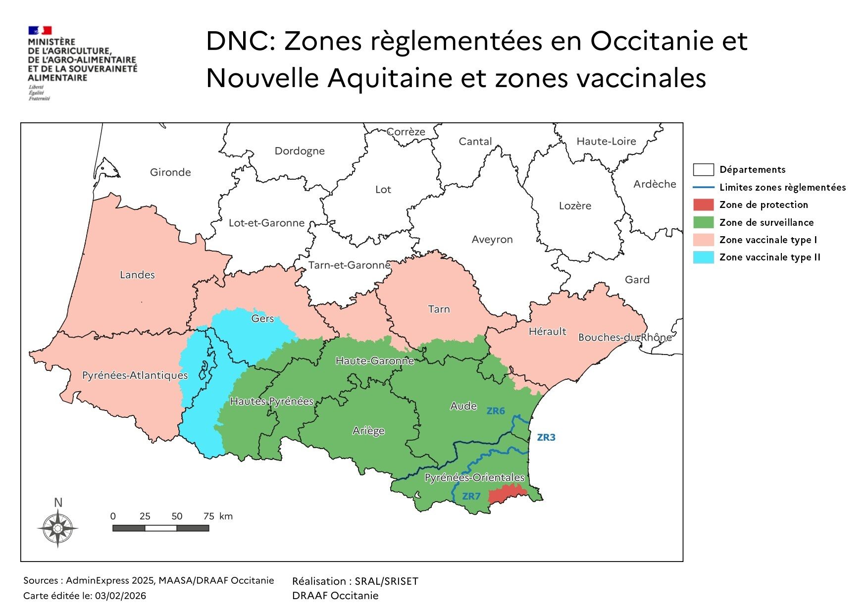 Zonage en Occitanie et Nouvelle-Aquitaine en date du 3 février (Source : ministère de l’Agriculture)