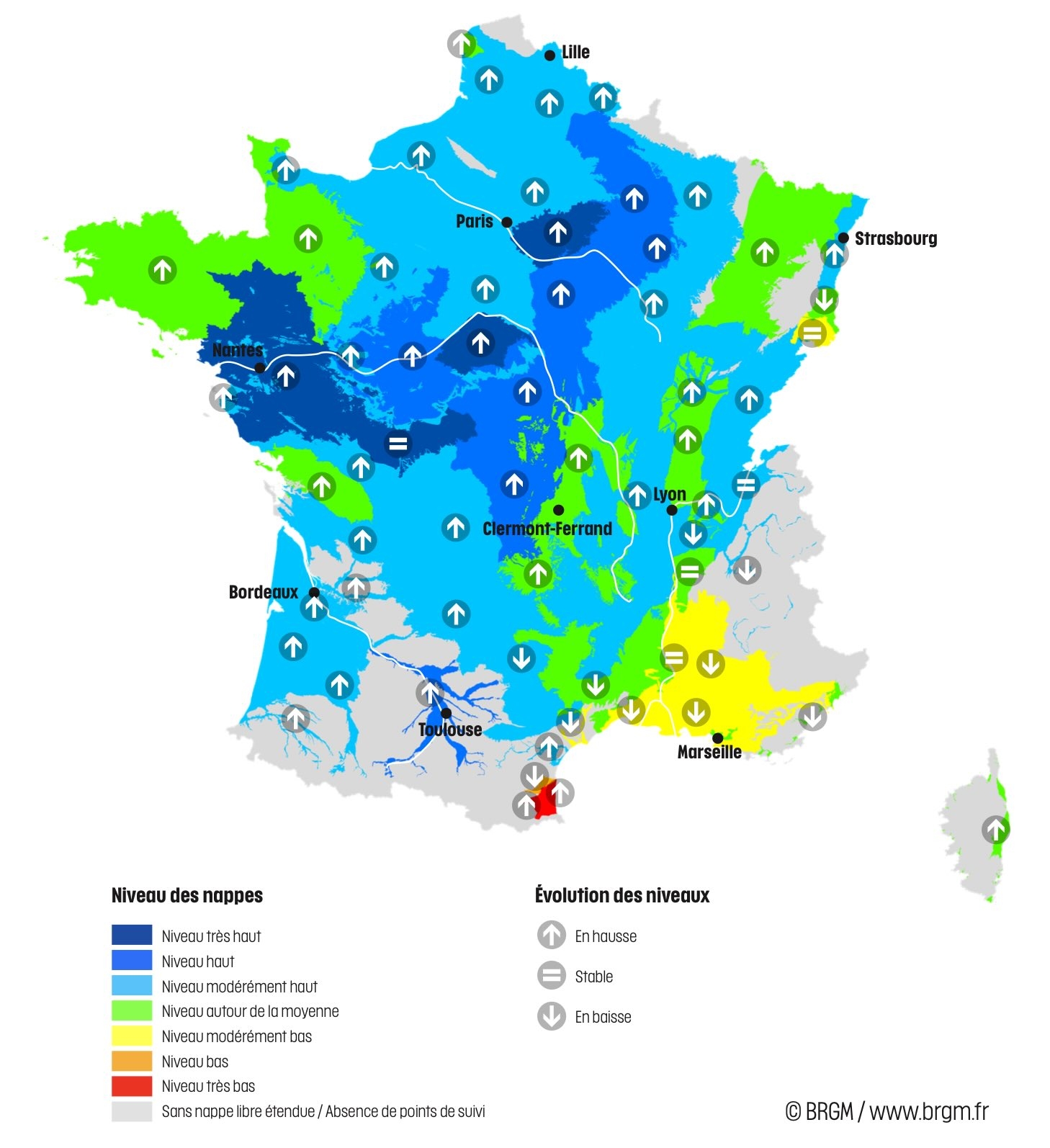 Niveau des nappes et tendances évolutives en date du 1er janvier 2025 (Source : BRGM)