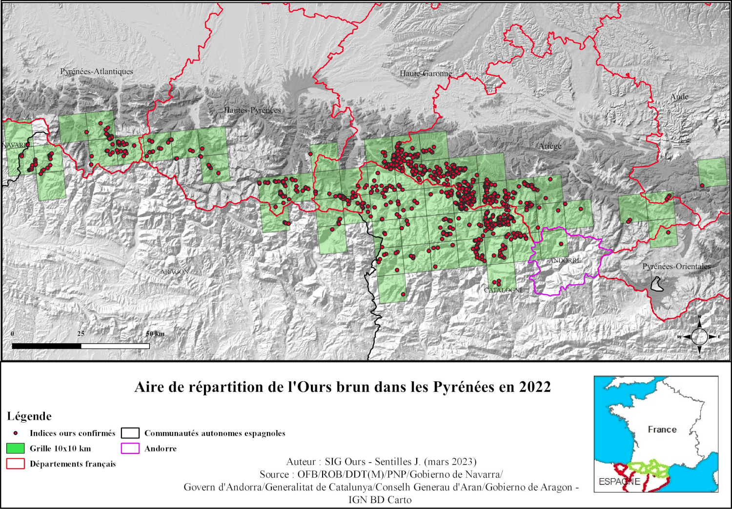 Répartition de l’ours brun dans les Pyrénées en 2021 (Source : Office français de la biodiversité)