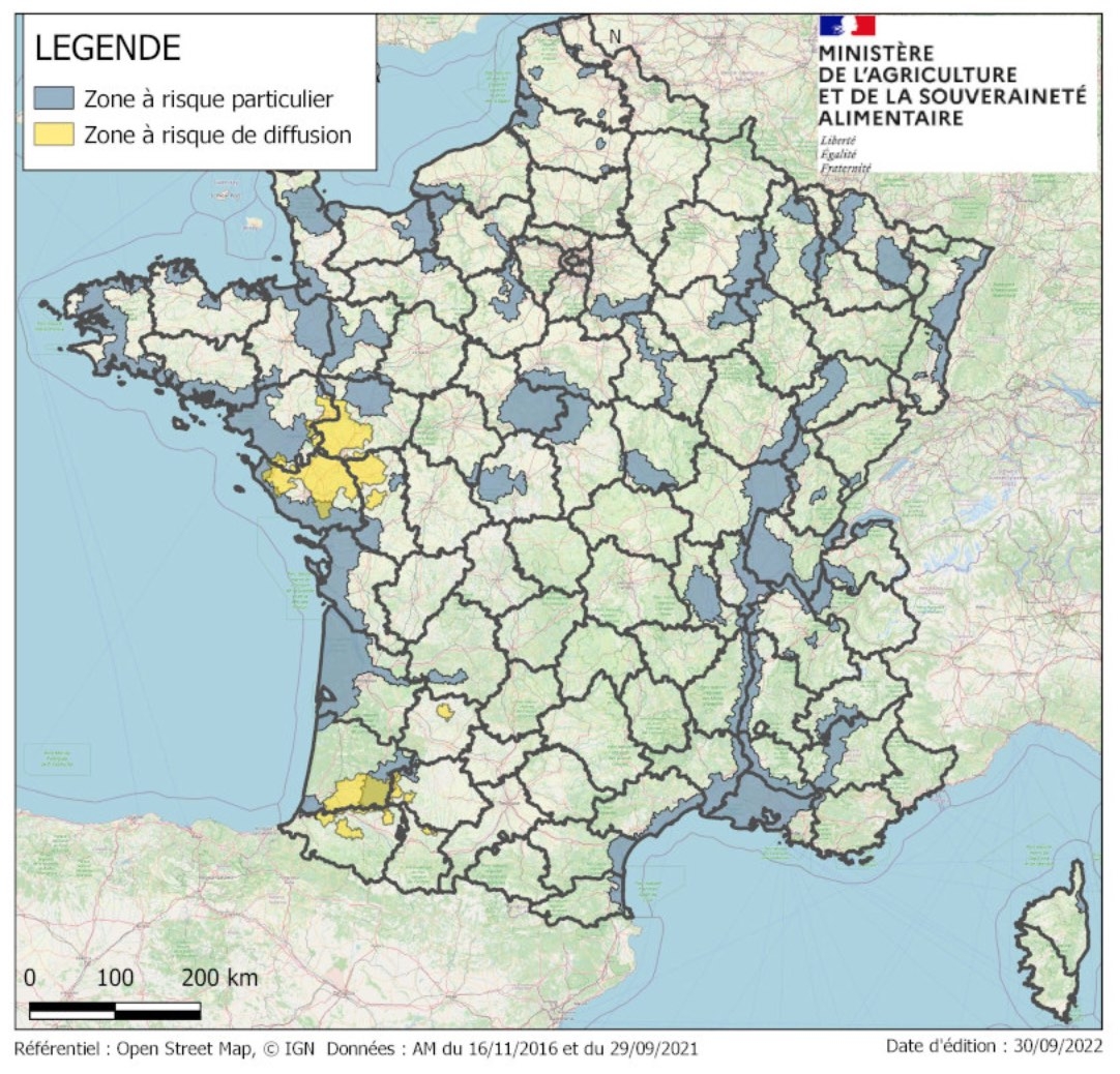 Carte des Zones à risque particulier (ZRP) et Zones à risque de diffusion (ZRD) (Source : ministère de l’Agriculture)