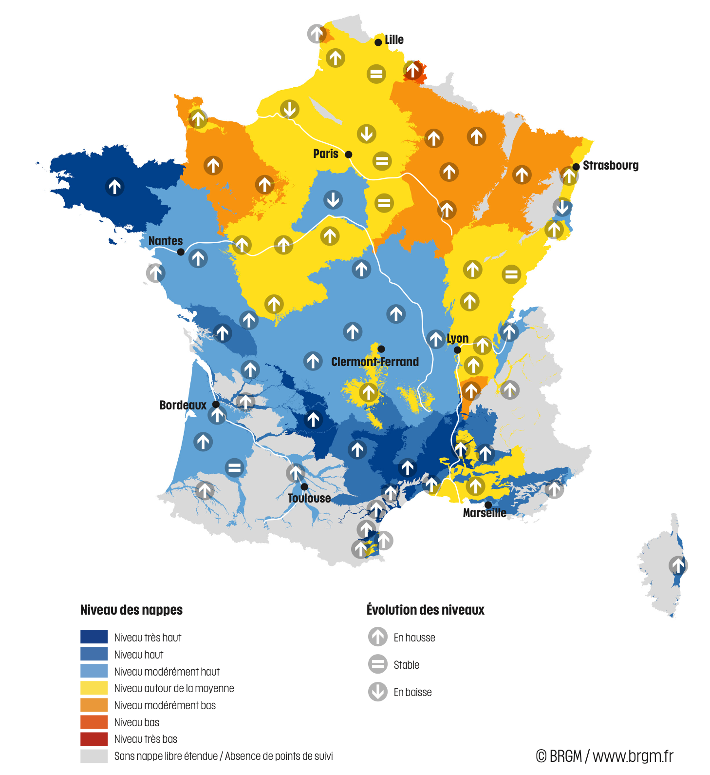 Niveau des nappes et tendances évolutives en date du 15 février 2026 (Source : BRGM)