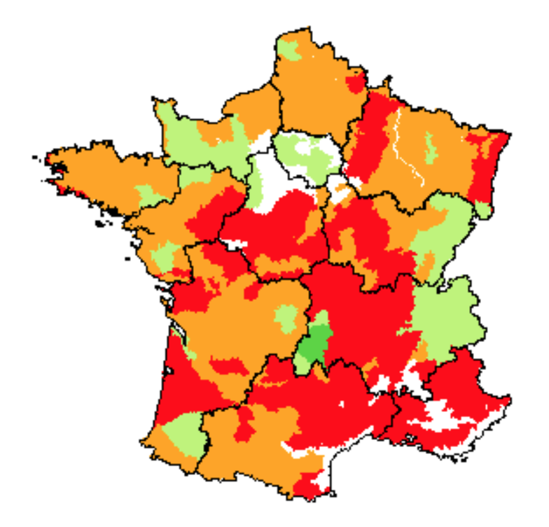 Indicateur de rendement des prairies permanentes par région fourragère au 20 juin 2022 (Source : Agreste)