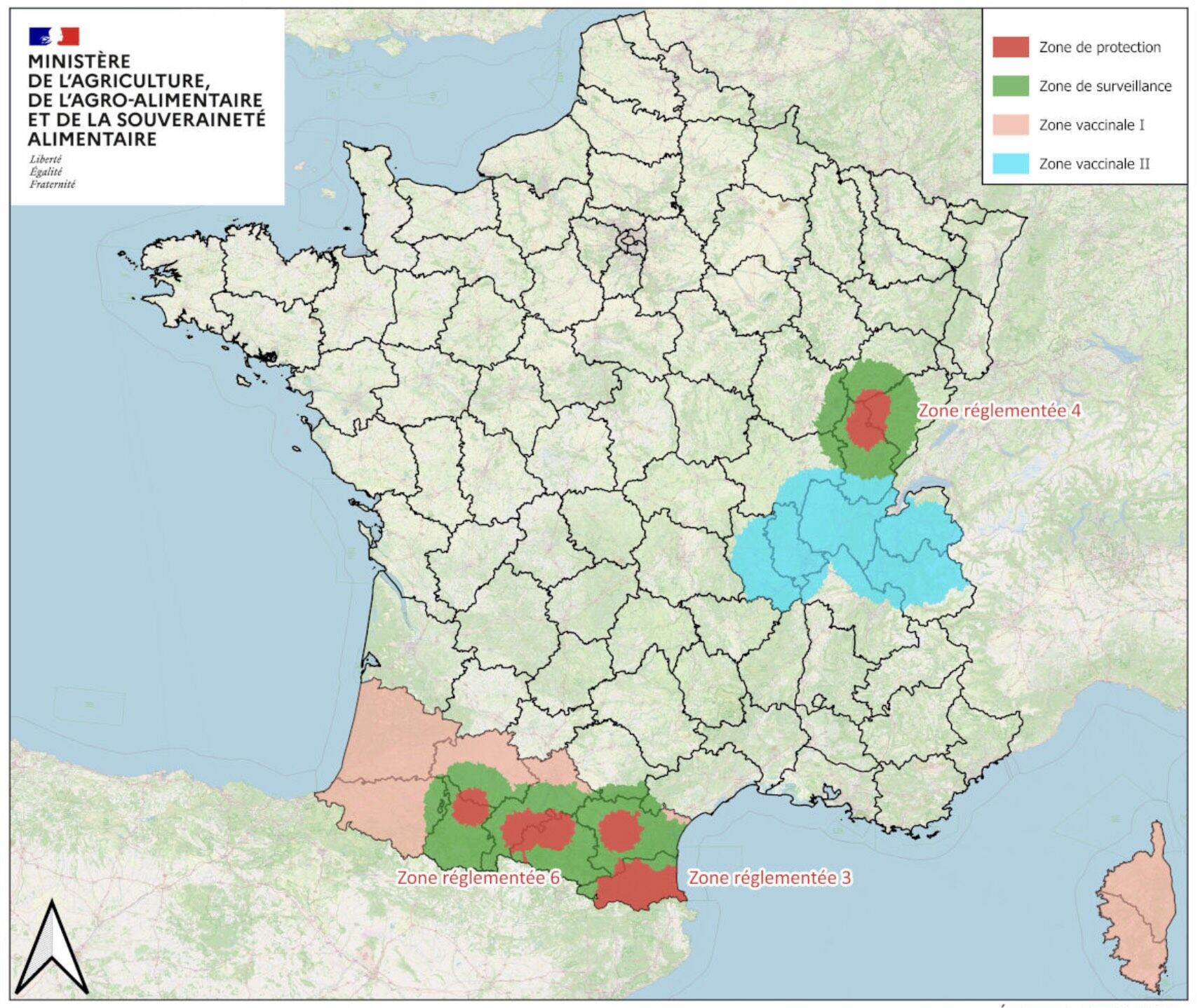Les zones réglementées et vaccinales en en date du 16 décembre 2025 (Source : ministère de l’Agriculture)