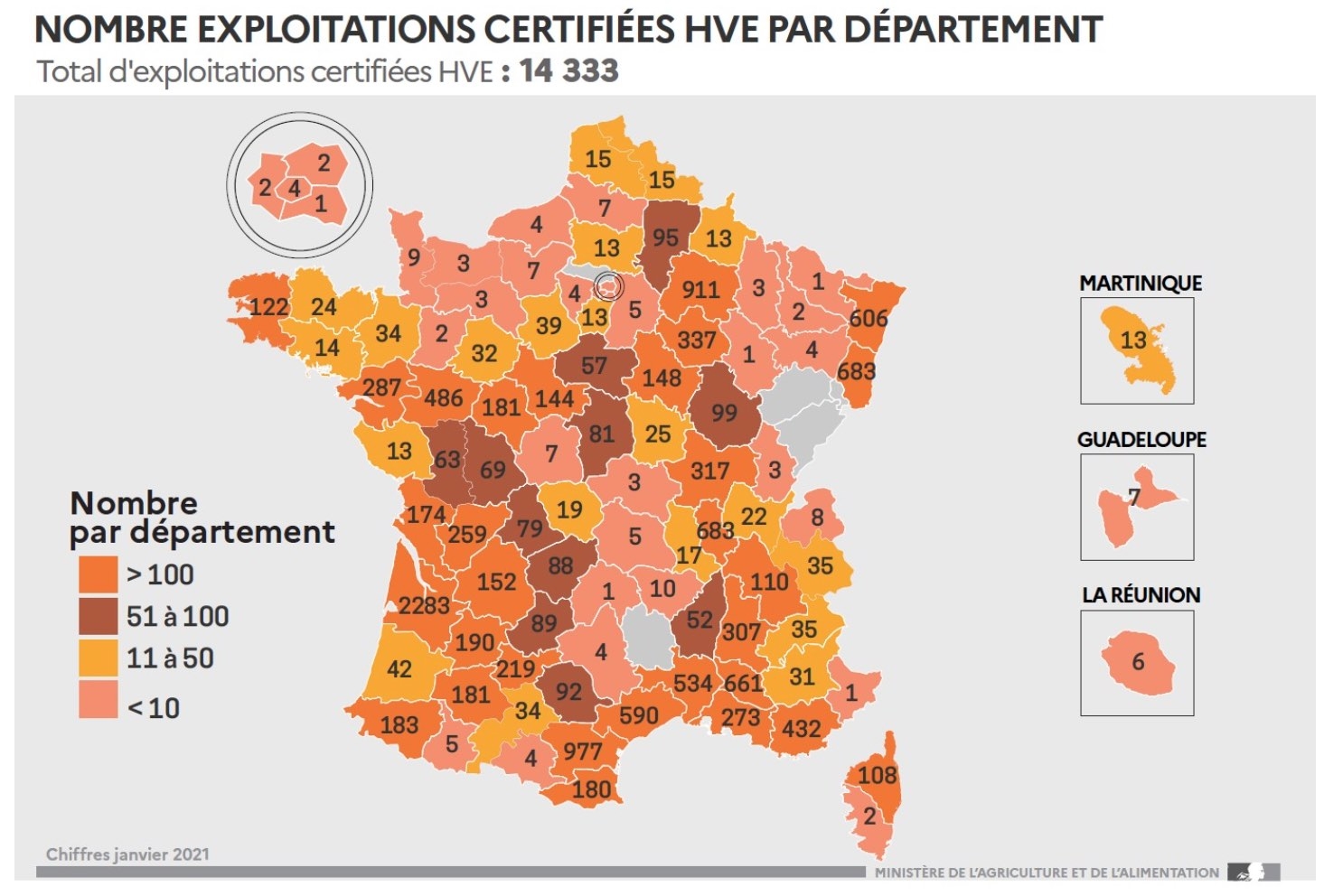 La carte de France de la HVE au 1er janvier 2021 (Source : ministère de l’Agriculture)