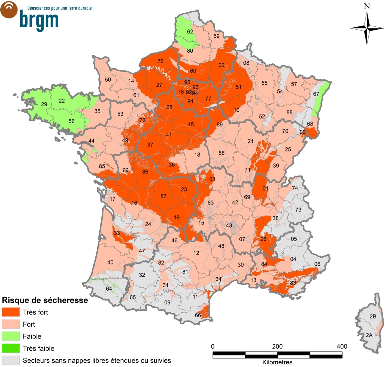 Risque de sécheresse sur les nappes à enjeux (Source : BRGM)