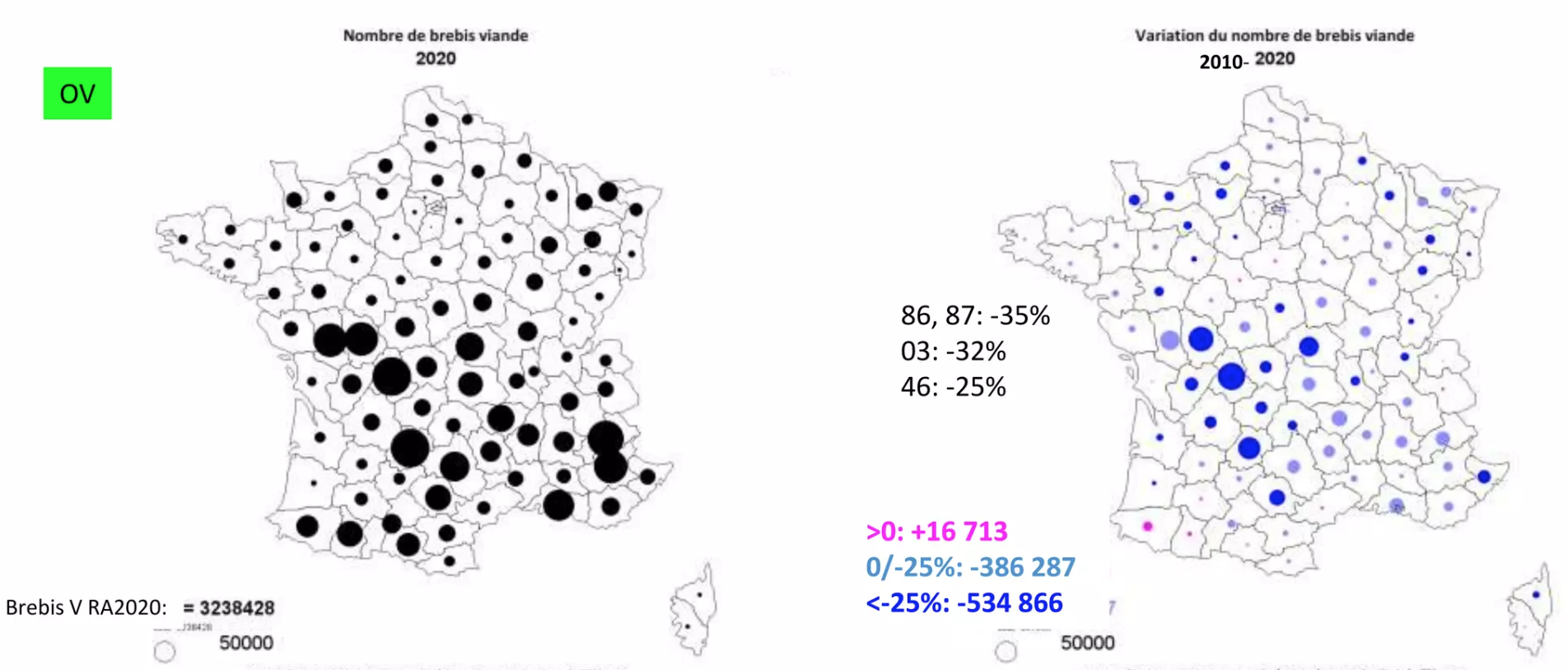 Densité et évolution du nombre de brebis viande (Source : Institut de l’élevage)