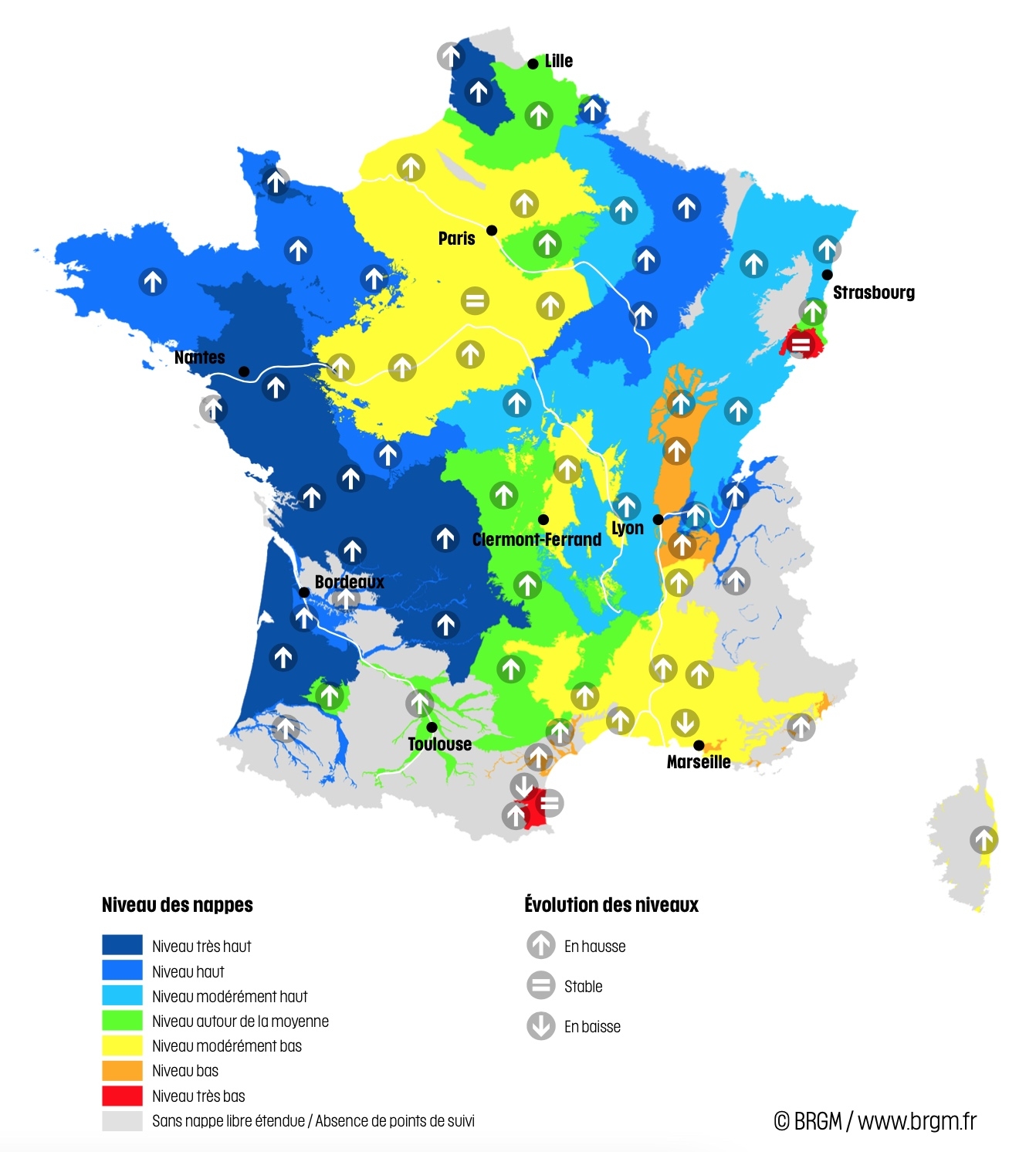 Niveau des nappes et tendances évolutives au 1er décembre 2023 (Source : BRGM)