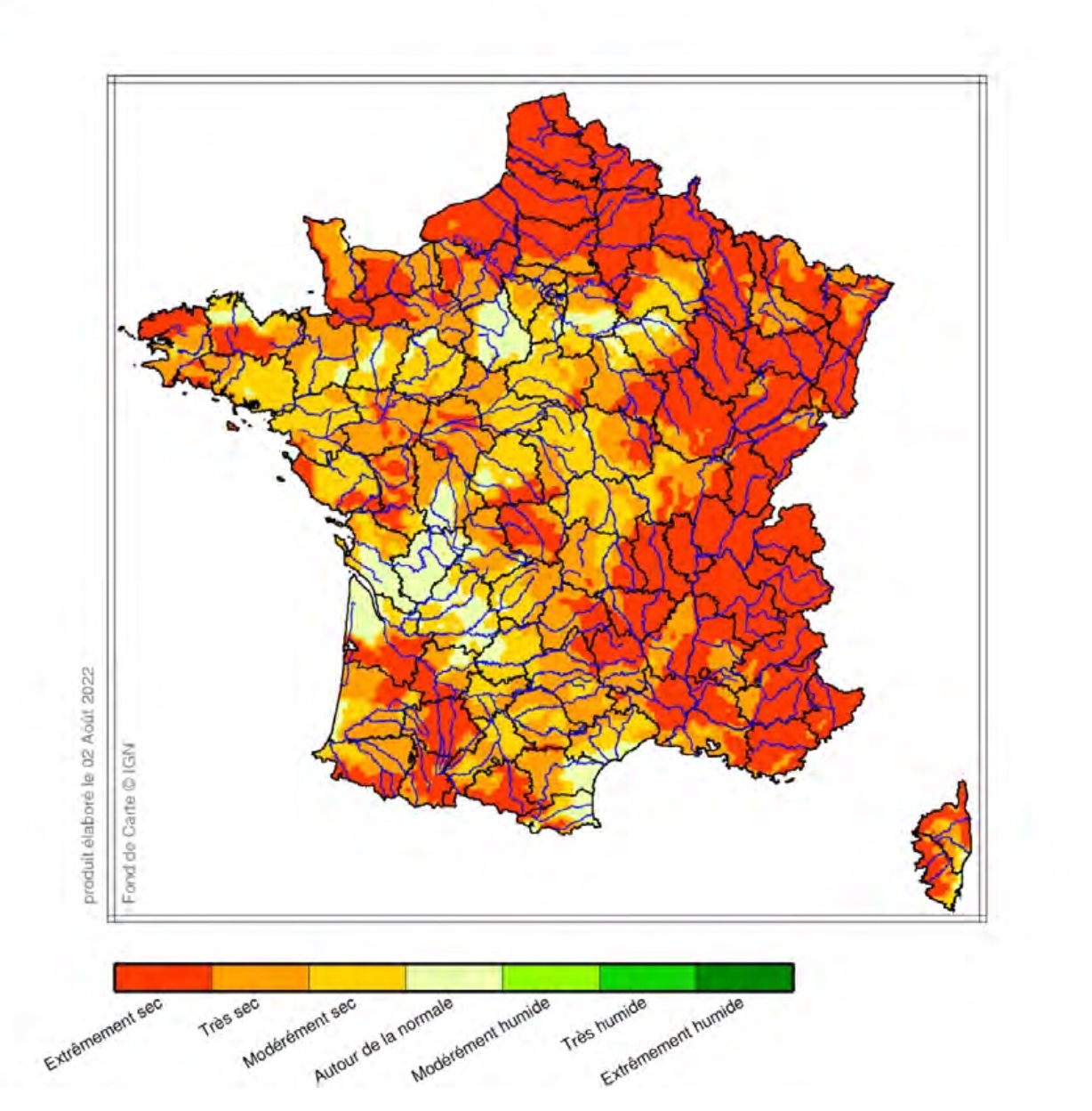 Calculé à partir de l’indice d’humidité des sols moyenné sur trois mois, l’indicateur de sécheresse des sols superficiels s’est accentué sur l’ensemble du pays entre mai et juillet (Source : Météo-France)