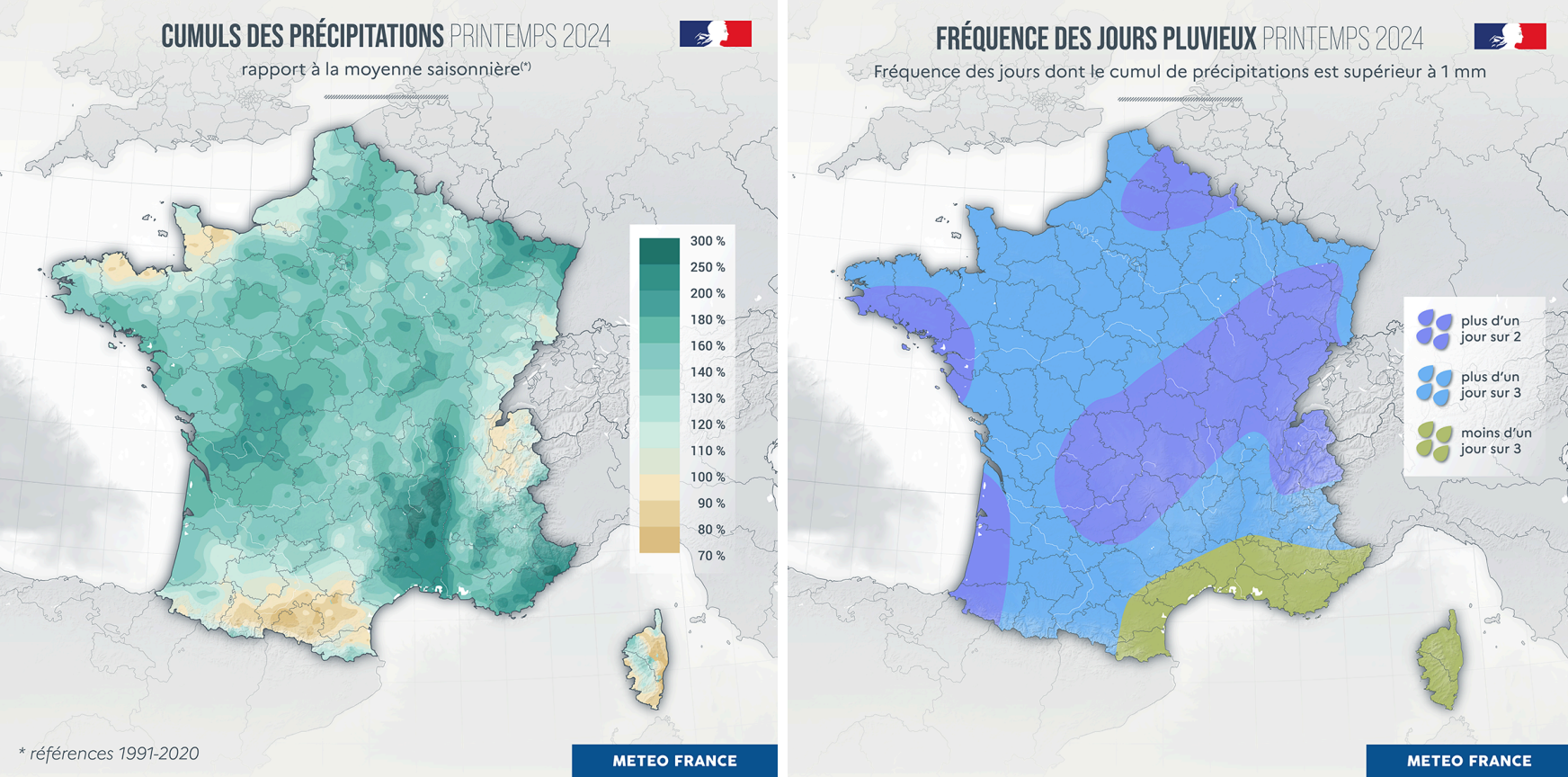 Cumul des précipitations et fréquences des phénomènes pluvieux au printemps 2024 (Source : Météo-France)