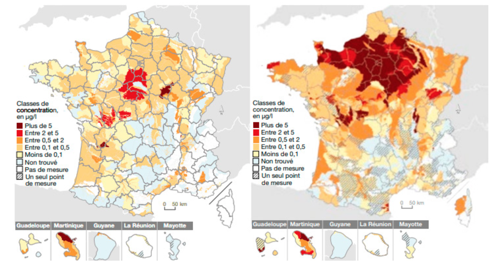 Concentration moyenne en pesticides dans les eaux souterraines, en 2010 (à gauche) et en 2018 (à droite) (source : ministère de la Transition écologique)