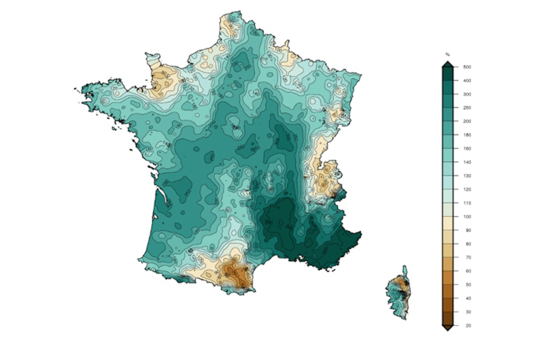 Rapport à la moyenne mensuelle de référence (1991-2020) des cumuls de précipitations en mars 2024 (Source : Météo-France)