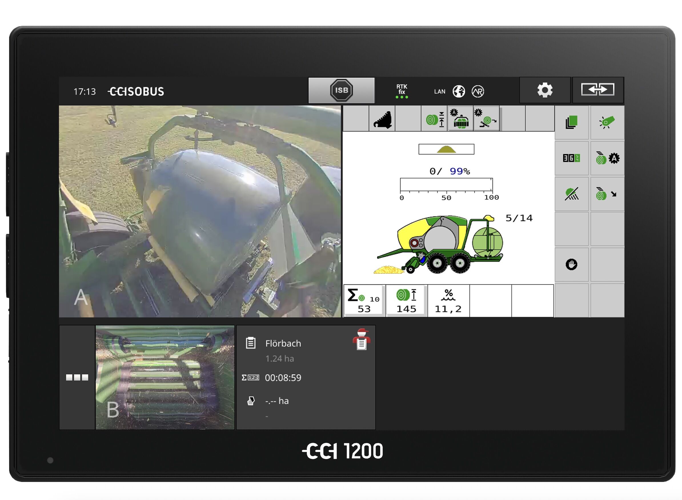 Le terminal Isobus CCI 1200 permet d'afficher deux images de caméra en parallèle au menu machine, ce qui offre une meilleure surveillance pendant le travail et une sécurité accrue
