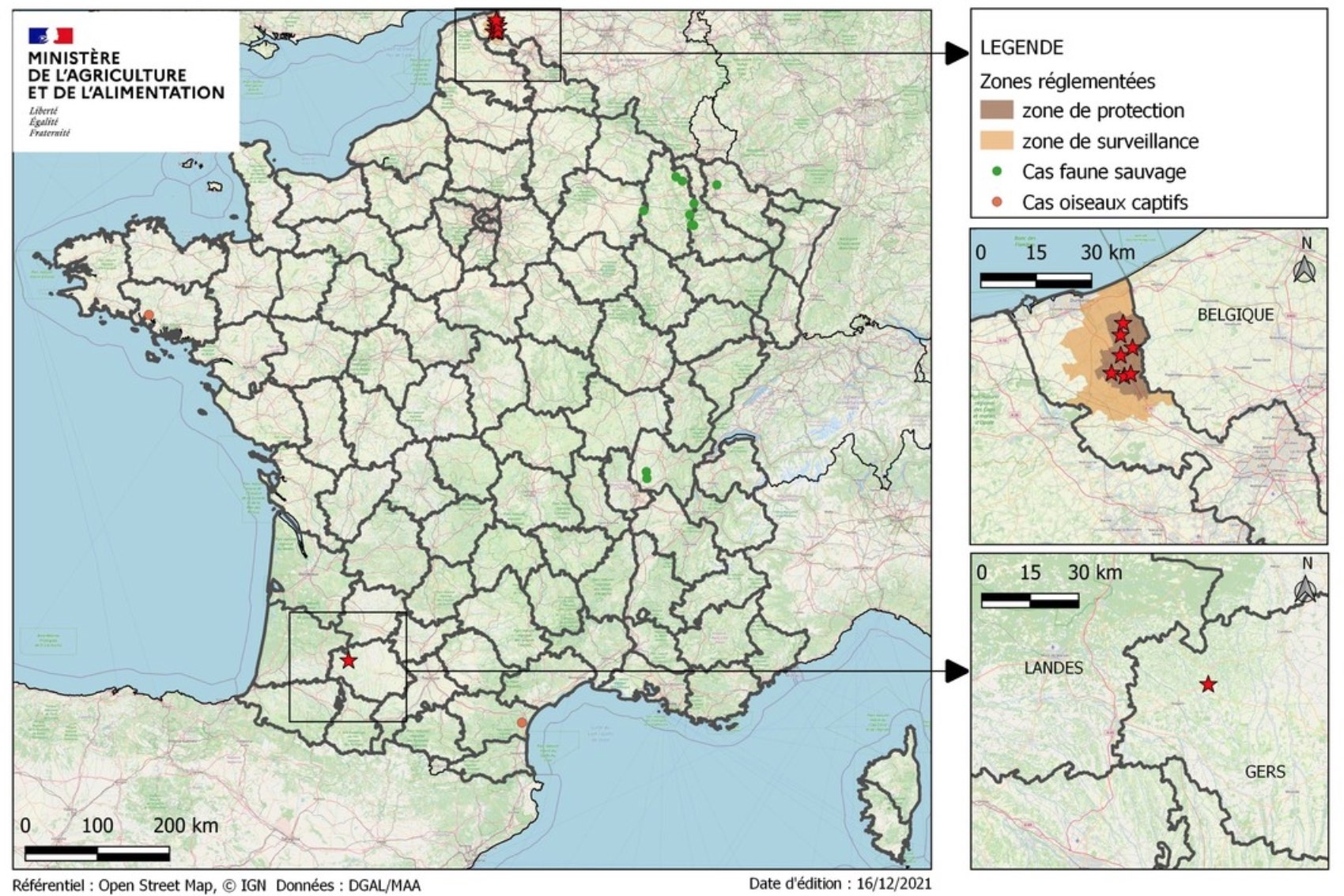 Les zones réglementées liées aux foyers et cas sauvages IAHP détectés en France en date du 16 décembre (Source : ministère de l’Agriculture)