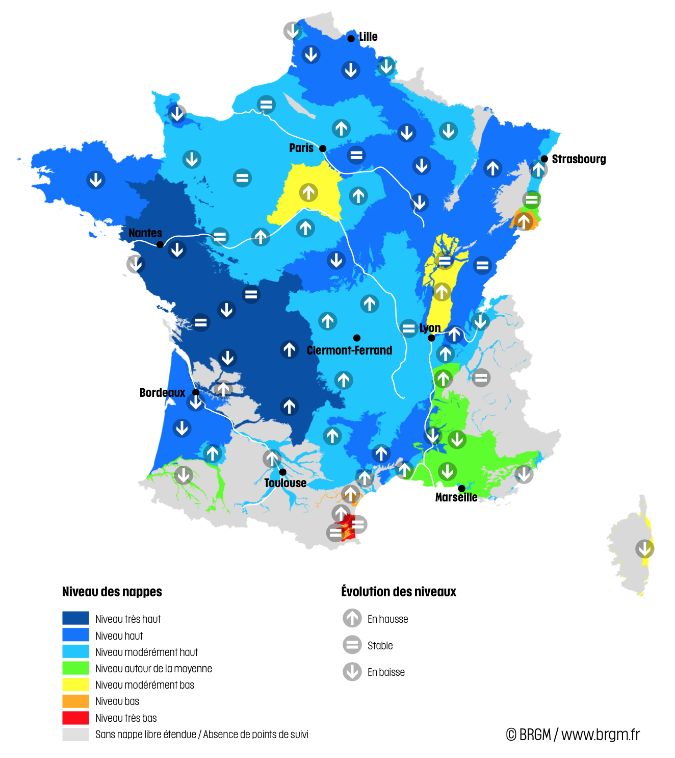 Niveau des nappes et tendances évolutives en date du 1er juin 2024 (Source : BRGM)