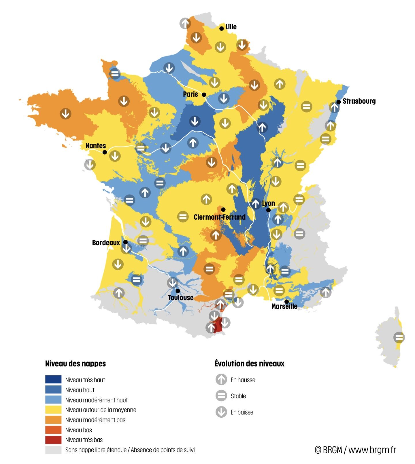 Niveau des nappes et tendances évolutives en date du 1er octobre 2025 (Source : BRGM)