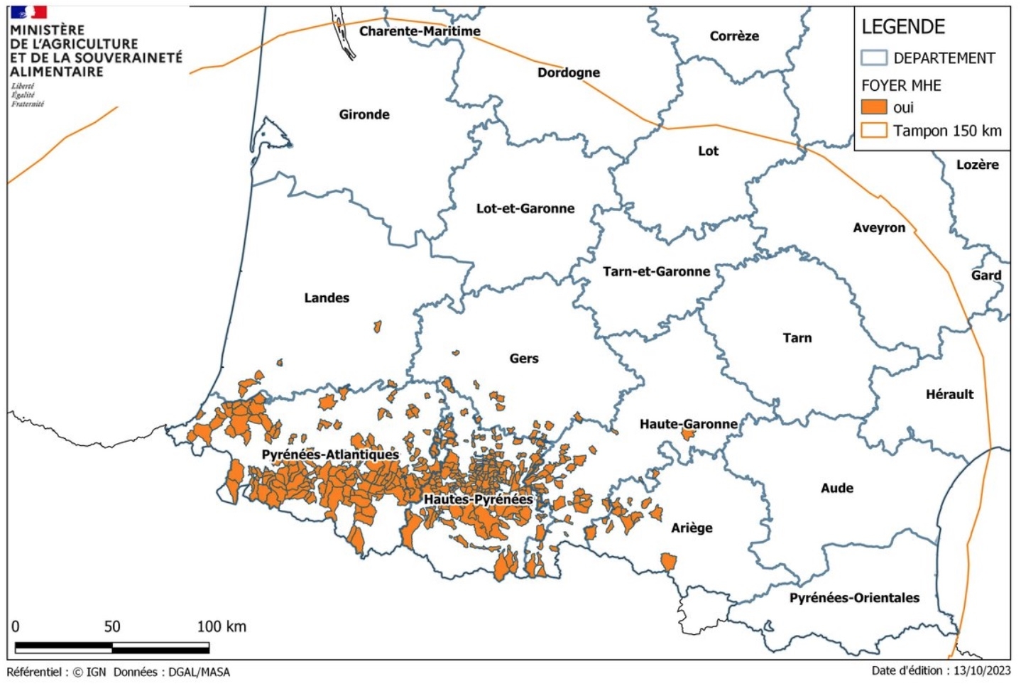 Carte délimitant la zone réglementée au titre de la MHE en date du 12 octobre (Source : Ministère de l’Agriculture)