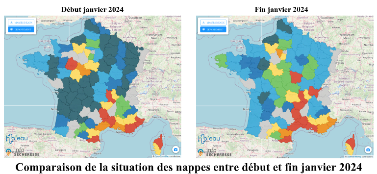 Évolution de la sécheresse entre le début et la fin janvier avec la comparaison de la situation des nappes entre début et fin janvier 2024