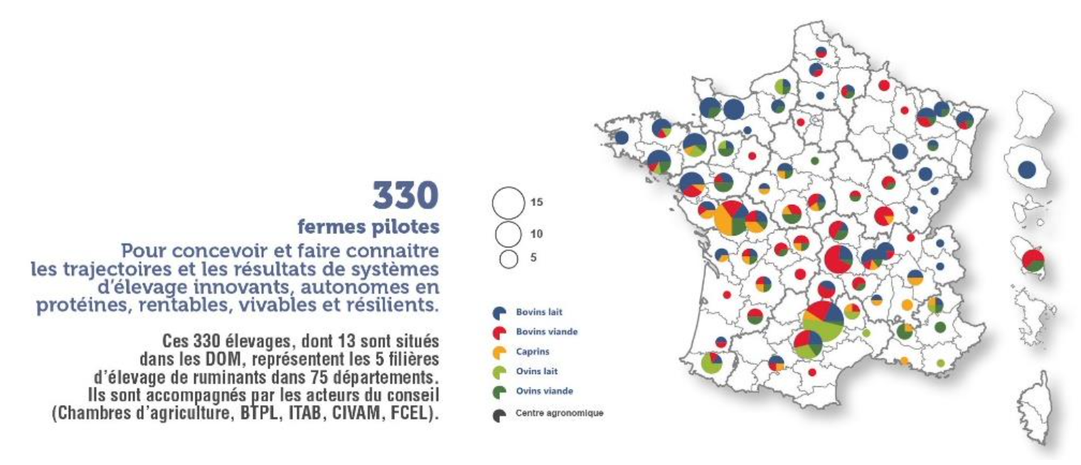 La carte des 330 élevages référents en matière d’autonomie protéique (Source : Institut de l’élevage)