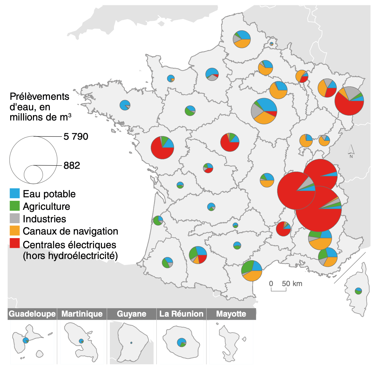 Prélèvements d’eau selon l’utilisation dans les sous-bassins hydrographiques français en 2017 (Source : OFB – SDES ministère de la Transition écologique)