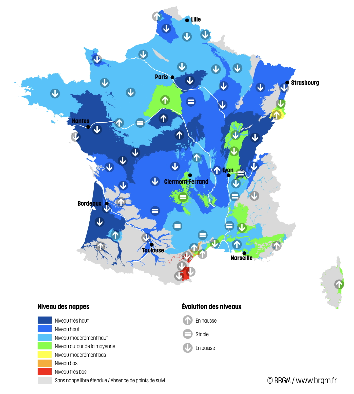 Niveau des nappes et tendances évolutives en date du 1er octobre 2024 (Source : BRGM)