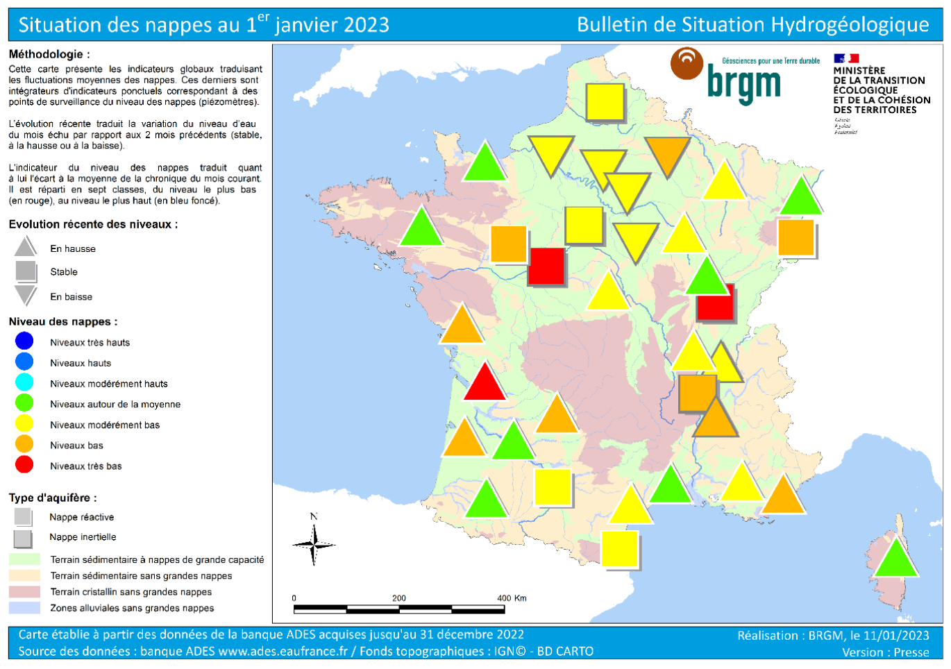 Situation des nappes au 1er janvier (Source BRGM)