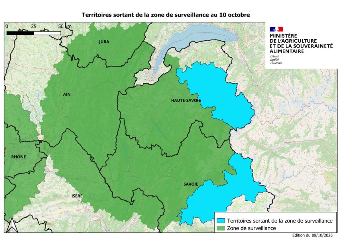 En bleu, les zones exclues de la zone de surveillance et qui ne sont plus soumises à aucune contrainte (Source : ministère de l’Agriculture)