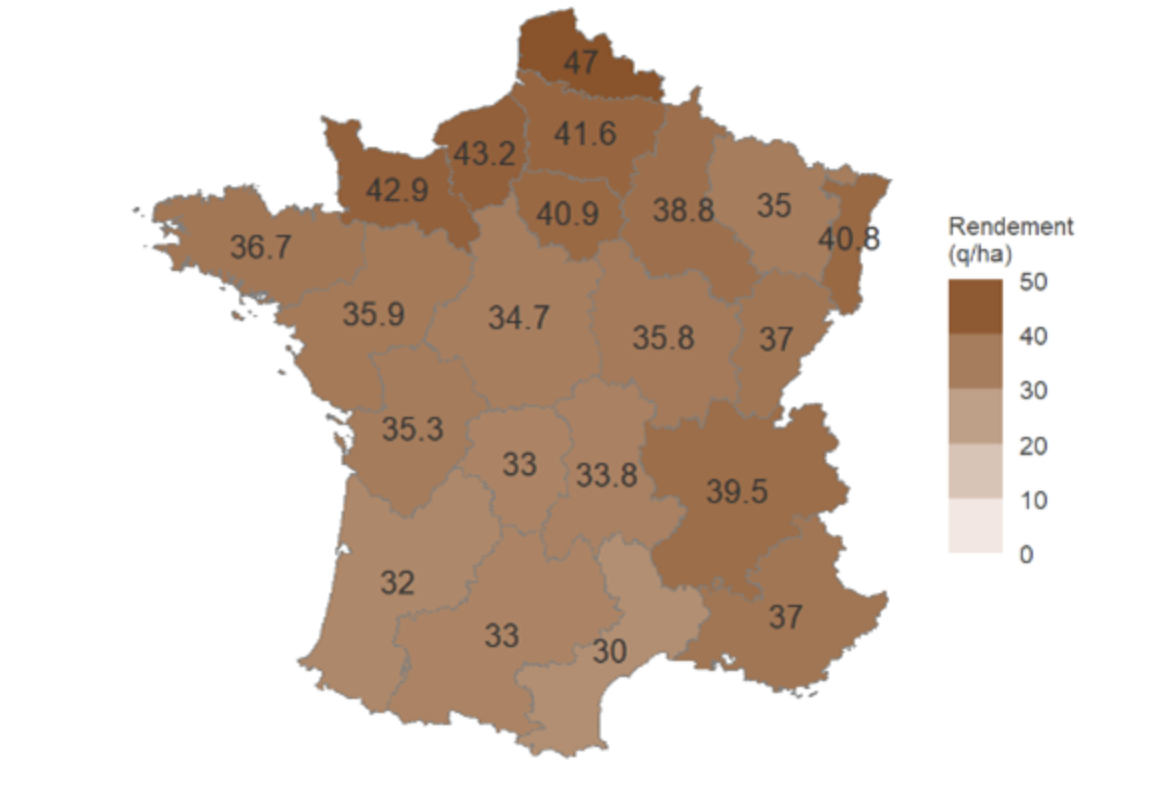 Rendements du colza estimés au 8 août (Source : Terres Inovia et acteurs locaux)