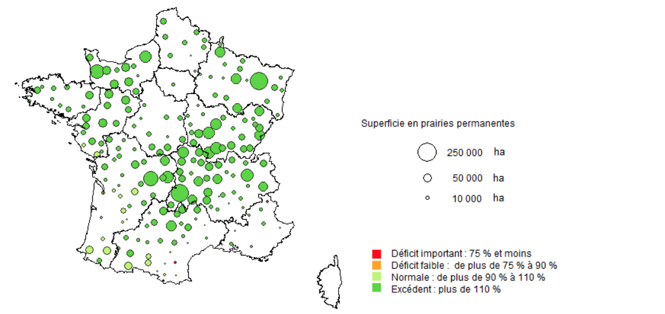 Indicateur de rendement des prairies permanentes par région fourragère au 20 mai 2024 (Source : INRAE, Météo-France – Agreste)