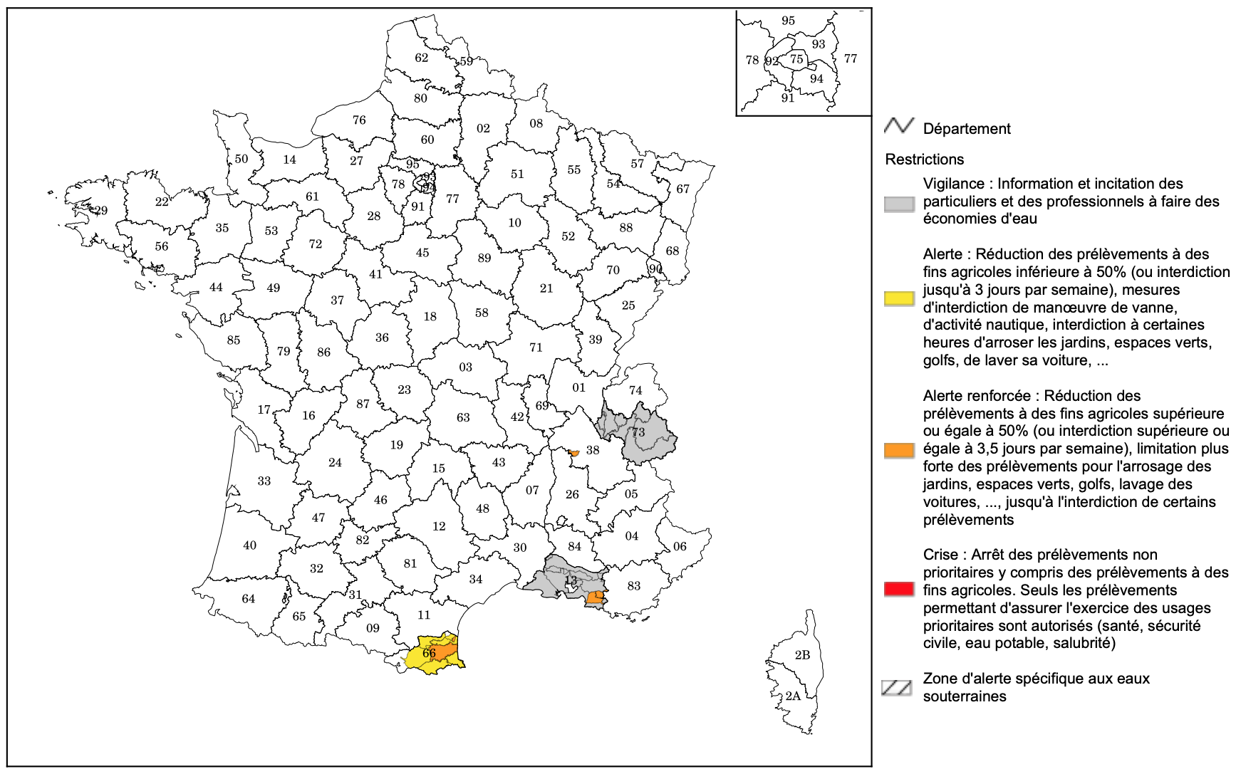 Etat des arrêtés de limitation des usages de l’eau au 20 février 2023 (Source : ministère de la Transition écologique)