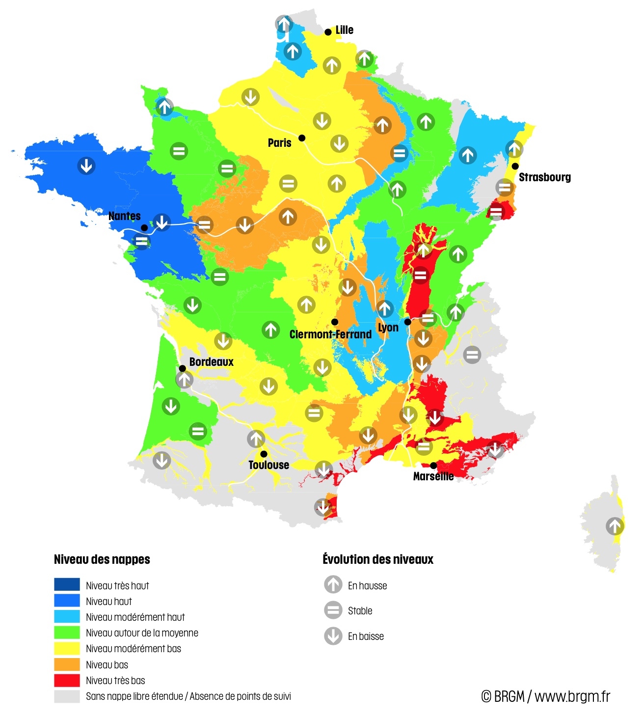 Carte du niveau des nappes et de leur évolution au 1er mai 2023 (Source : BRGM)