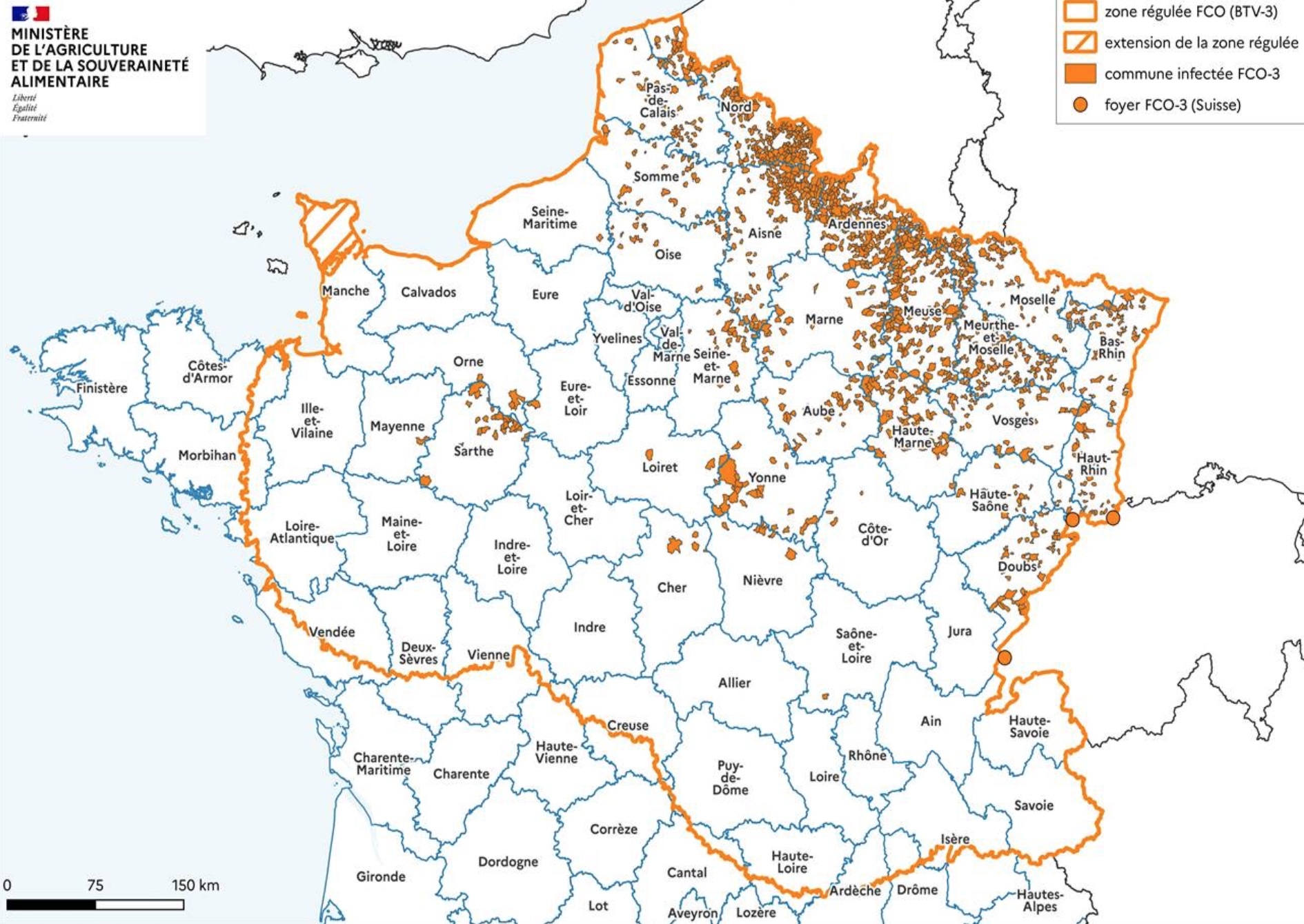 La zone régulée de FCO-3 en date du 13 septembre, avant son extension à la Bretagne (Source : ministère de l’Agriculture)