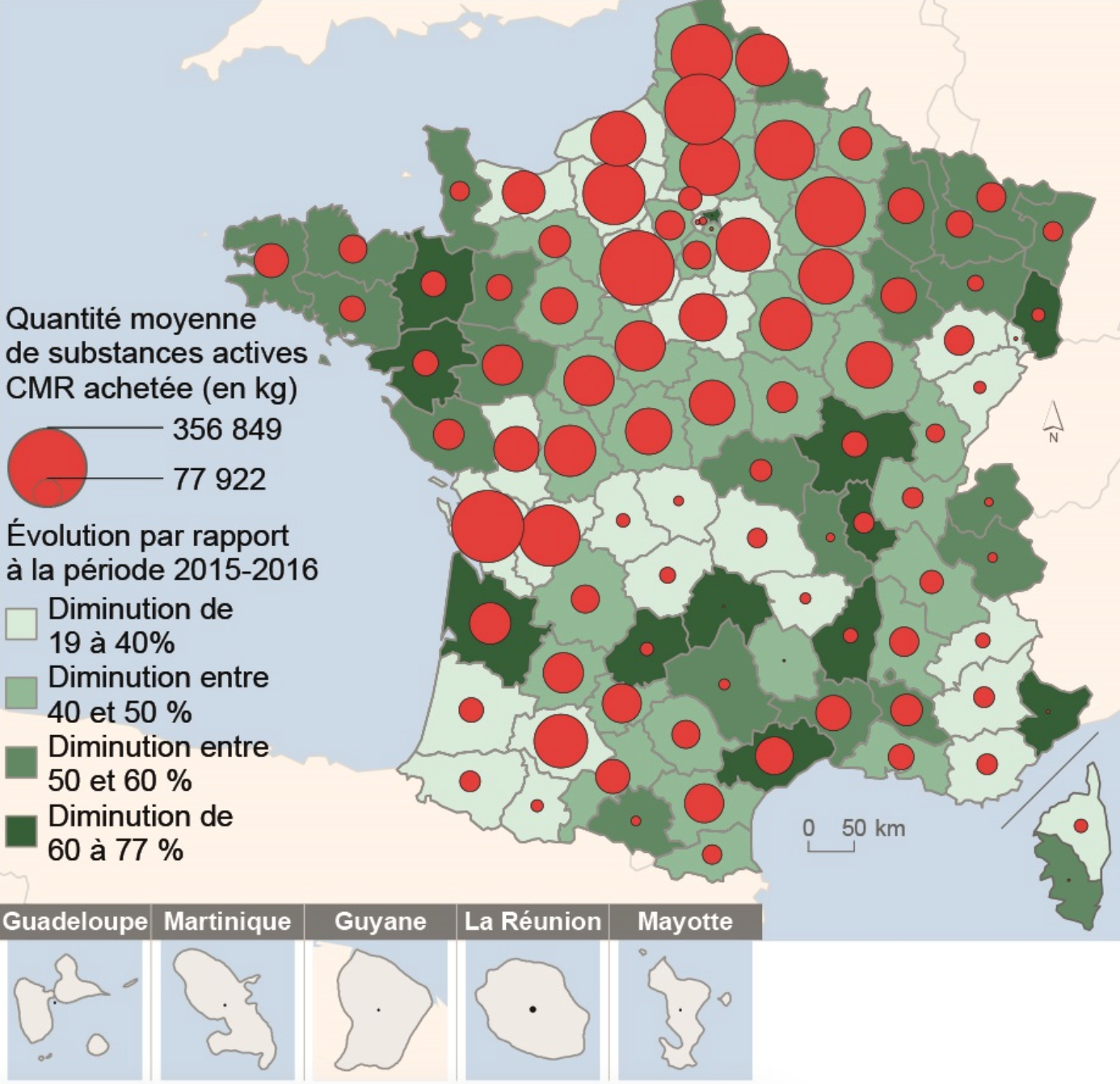 Achats de substances actives classées les plus toxiques, en moyenne biennale par département, sur la période 2020-2021 (Source : SDES – ministère de la Transition écologique)