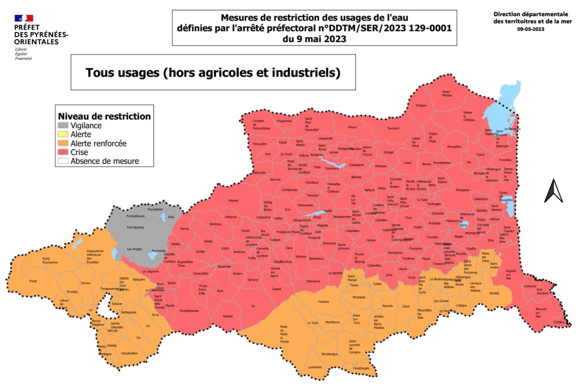 Les trois-quarts du département sont classés en « crise » sécheresse depuis  le 10 mai (Source : préfecture des Pyrénées-Orientales)