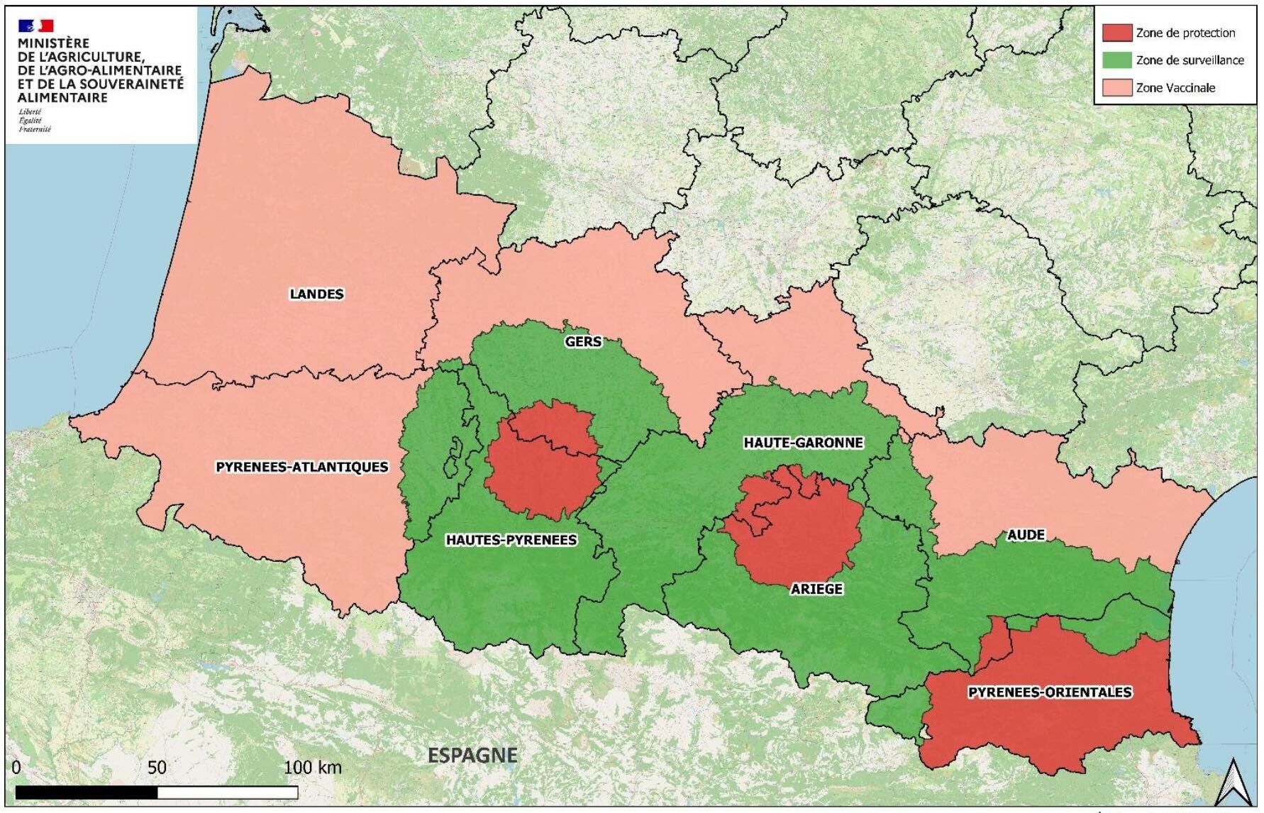 Les zones réglementées et vaccinales en Nouvelle-Aquitaine et en Occitanie en date du 12 décembre (Source : ministère de l’Agriculture)