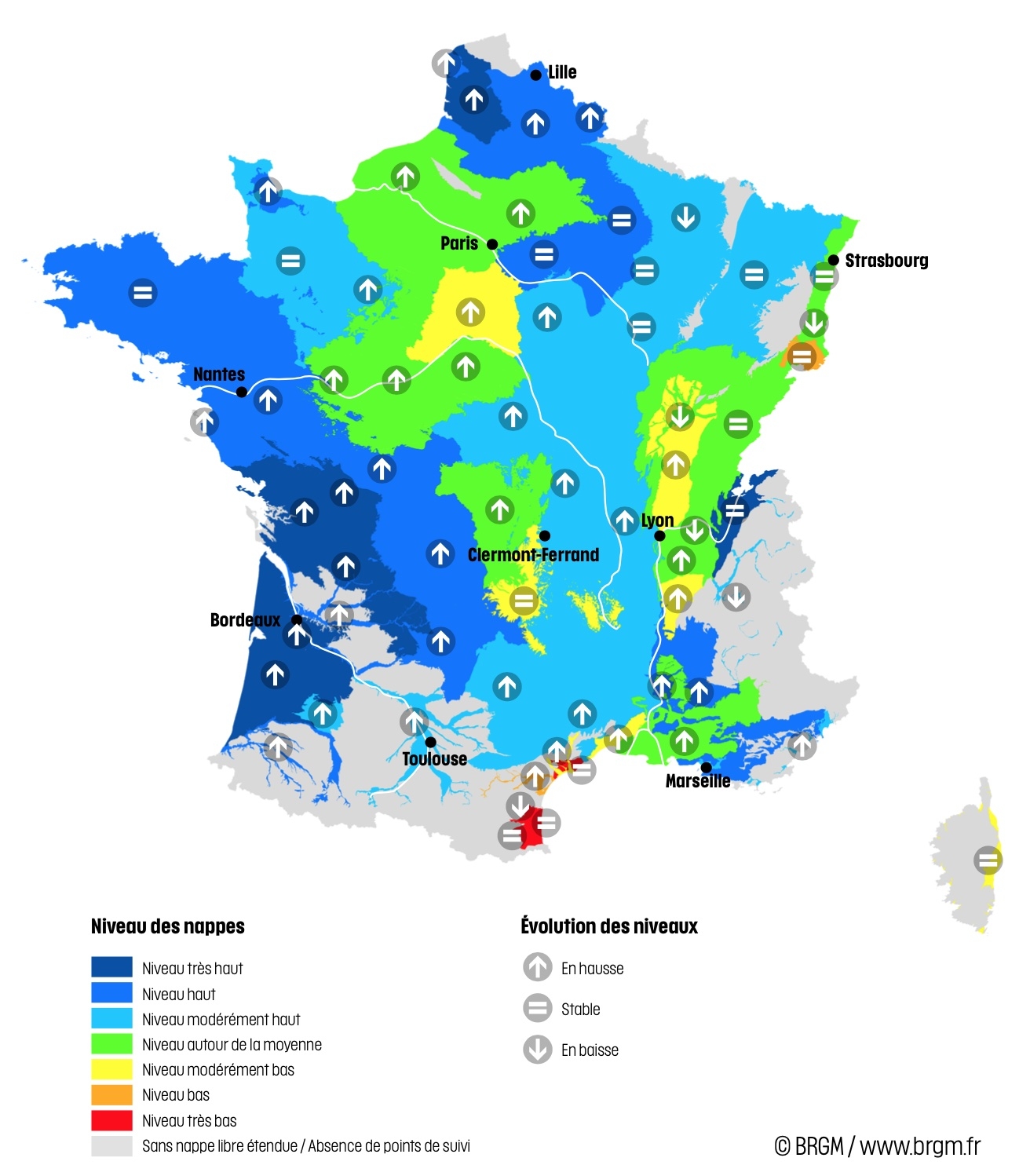 Niveau des nappes et tendances évolutives en date du 1er avril 2024 (Source : BRGM)