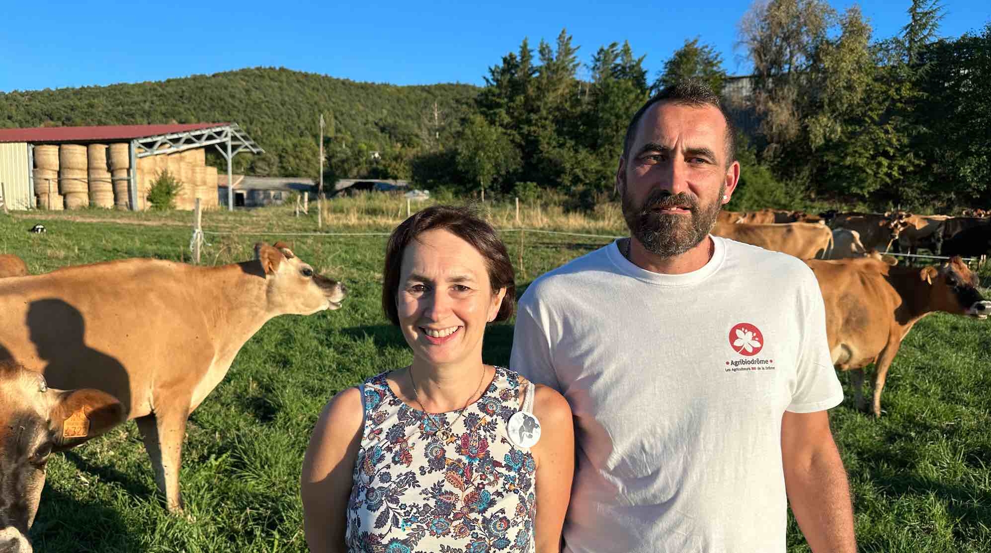 Audrey et Thierry Gillos et leurs jersiaises à Châteaudouble dans la Drôme (Crédit photo : R. Lecocq)