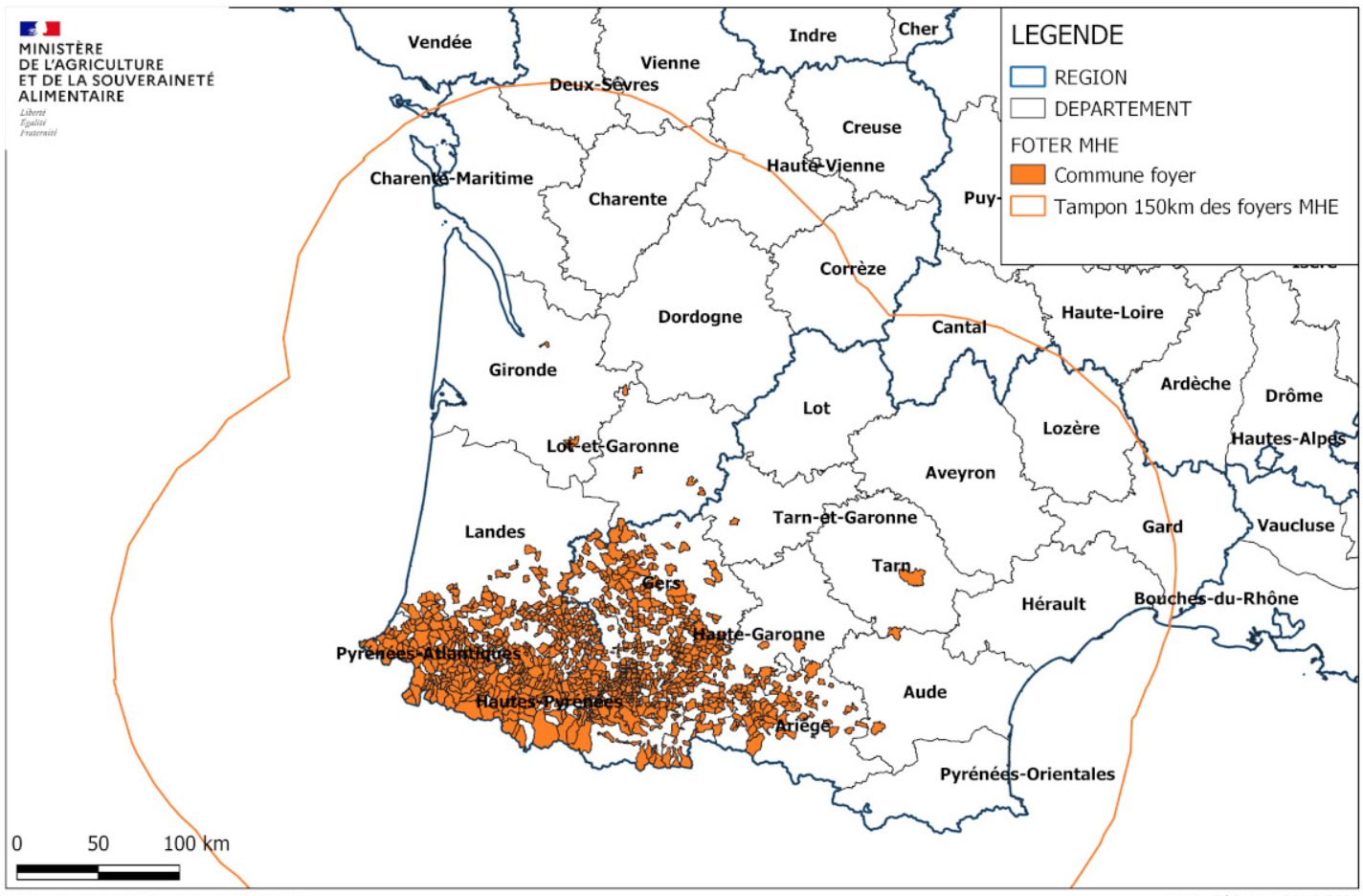 Délimitation la zone réglementée au titre de la MHE en date du 2 novembre (Source : ministère de l’Agriculture)