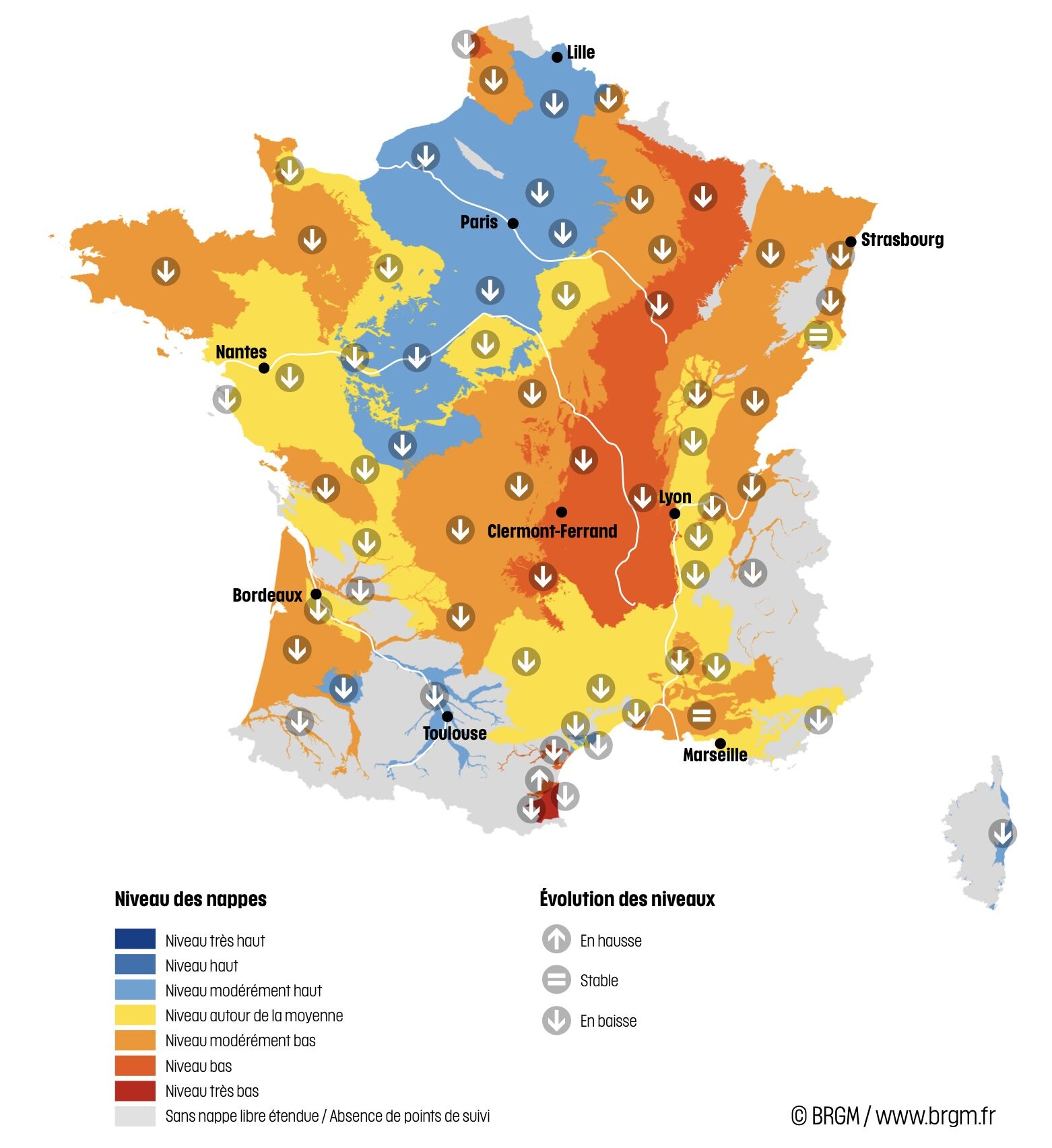 Niveau des nappes et tendances évolutives en date du 1er août 2025 (Source : BRGM)