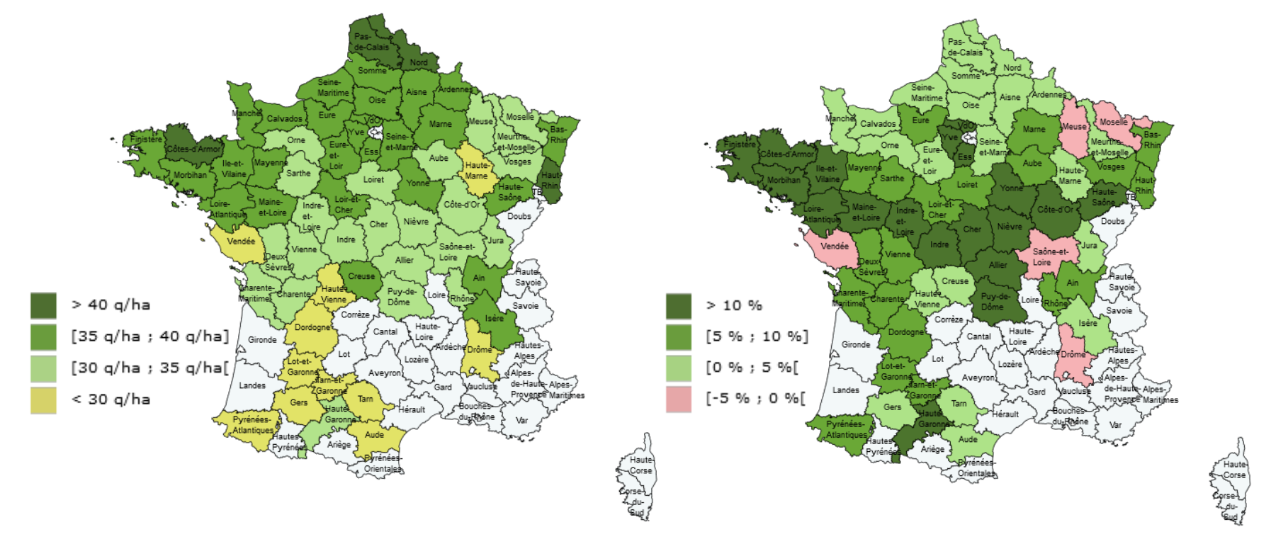 Rendements du colza en 2023 (à gauche) et évolution par rapport à la moyenne quinquennale 2018-2022 (Source : Agreste)