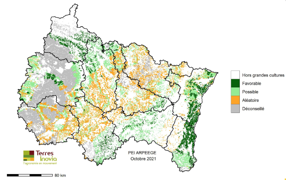 La modélisation repose sur trois paramètres (risque de récolte tardive, profondeur du sol, satisfaction estivale du besoin en eau) et discrimine le territoire en quatre classes (Source : Terres Inovia)