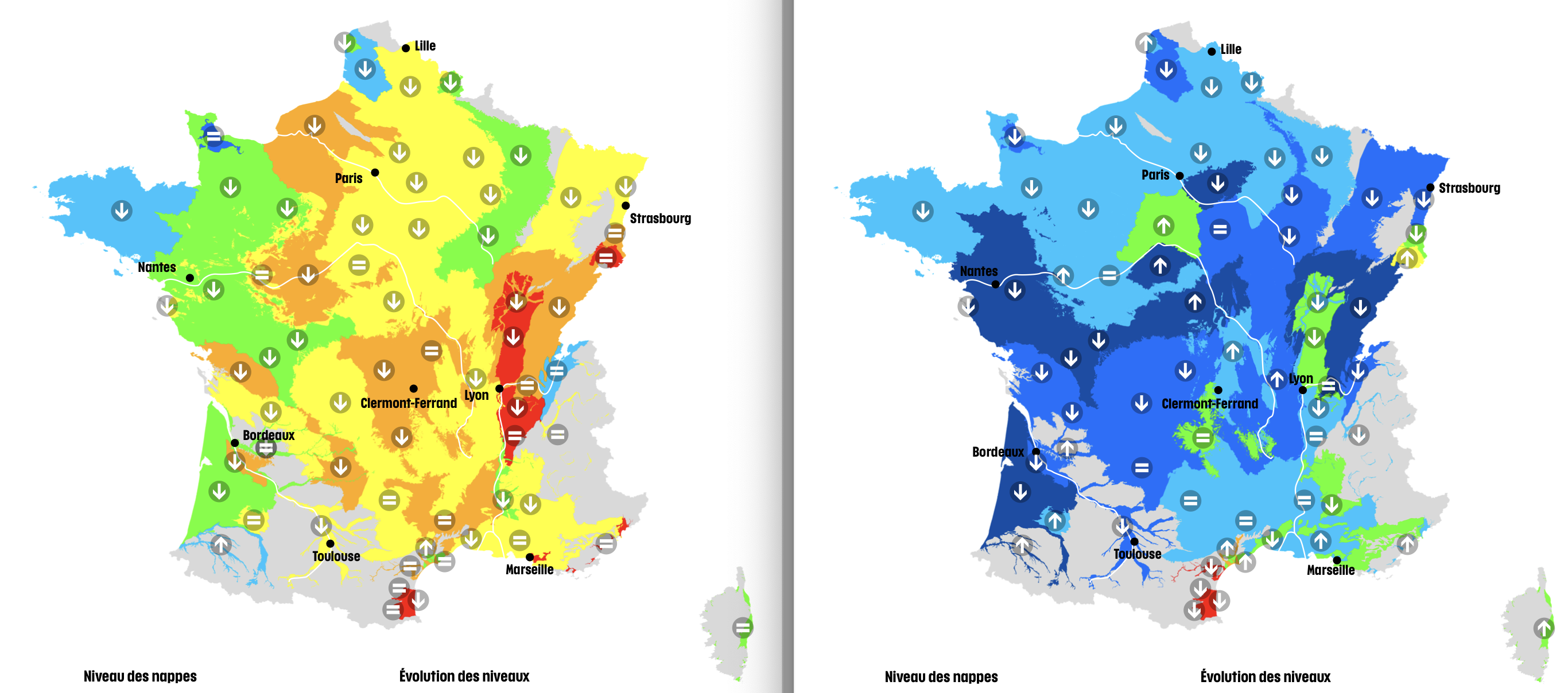 Niveau des nappes et tendances évolutives en date du 1er octobre 2023 (à gauche) et 1er octobre 2024 (àdroite) (Source : BRGM)