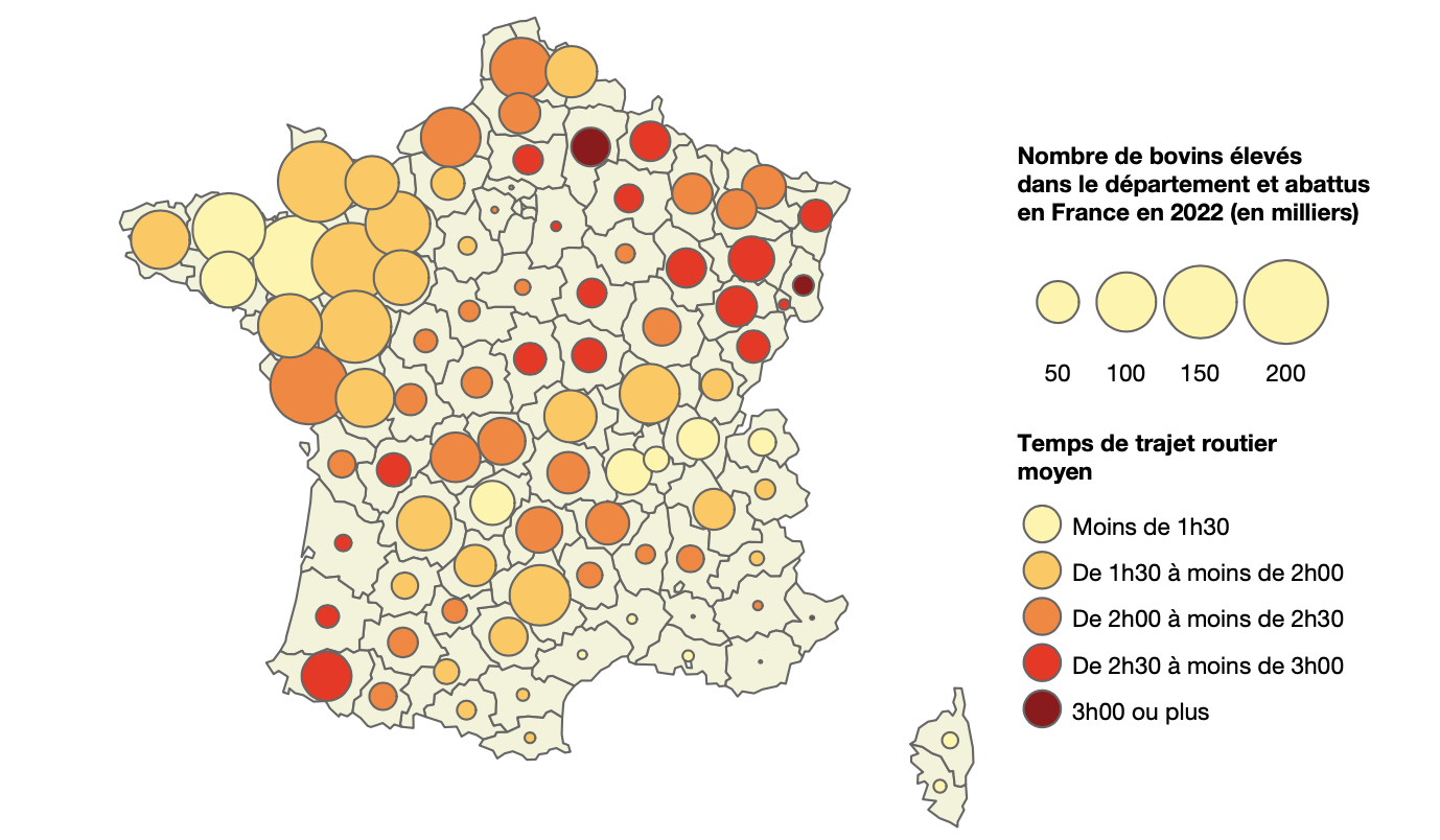 Temps de trajet moyen entre la dernière exploitation d’élevage et l’établissement d’abattage en 2022 (Source : Agreste)