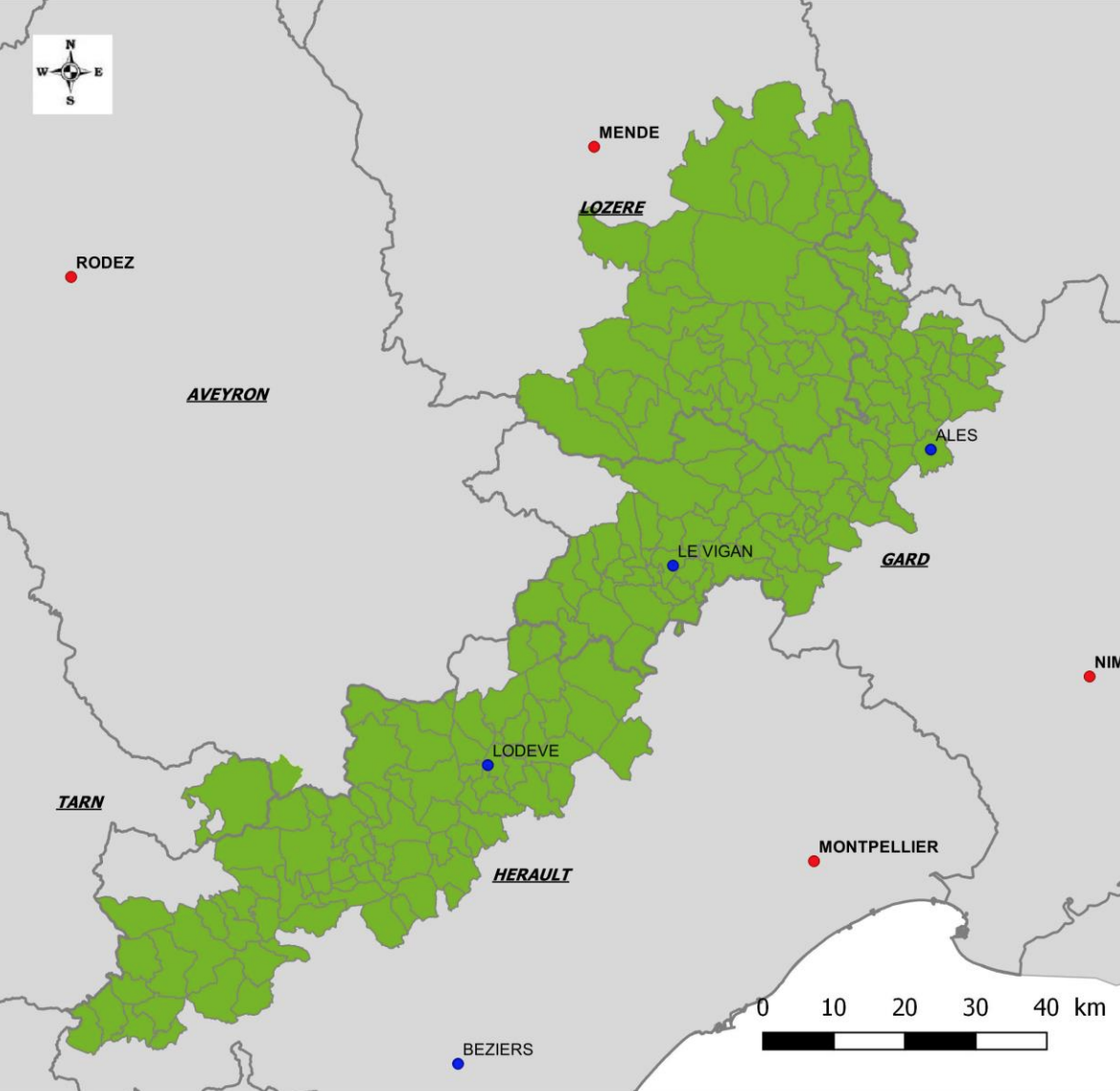 L’aire géographique de l’AOP Châtaigne des Cévennes (Source : INAO)