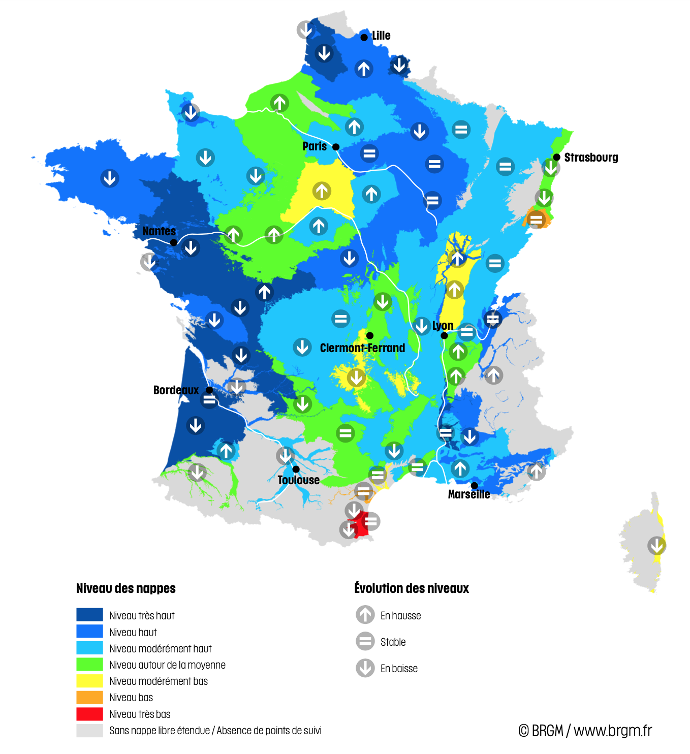 Niveau des nappes et tendances évolutives en date du 1er mai 2024 (Source : BRGM)