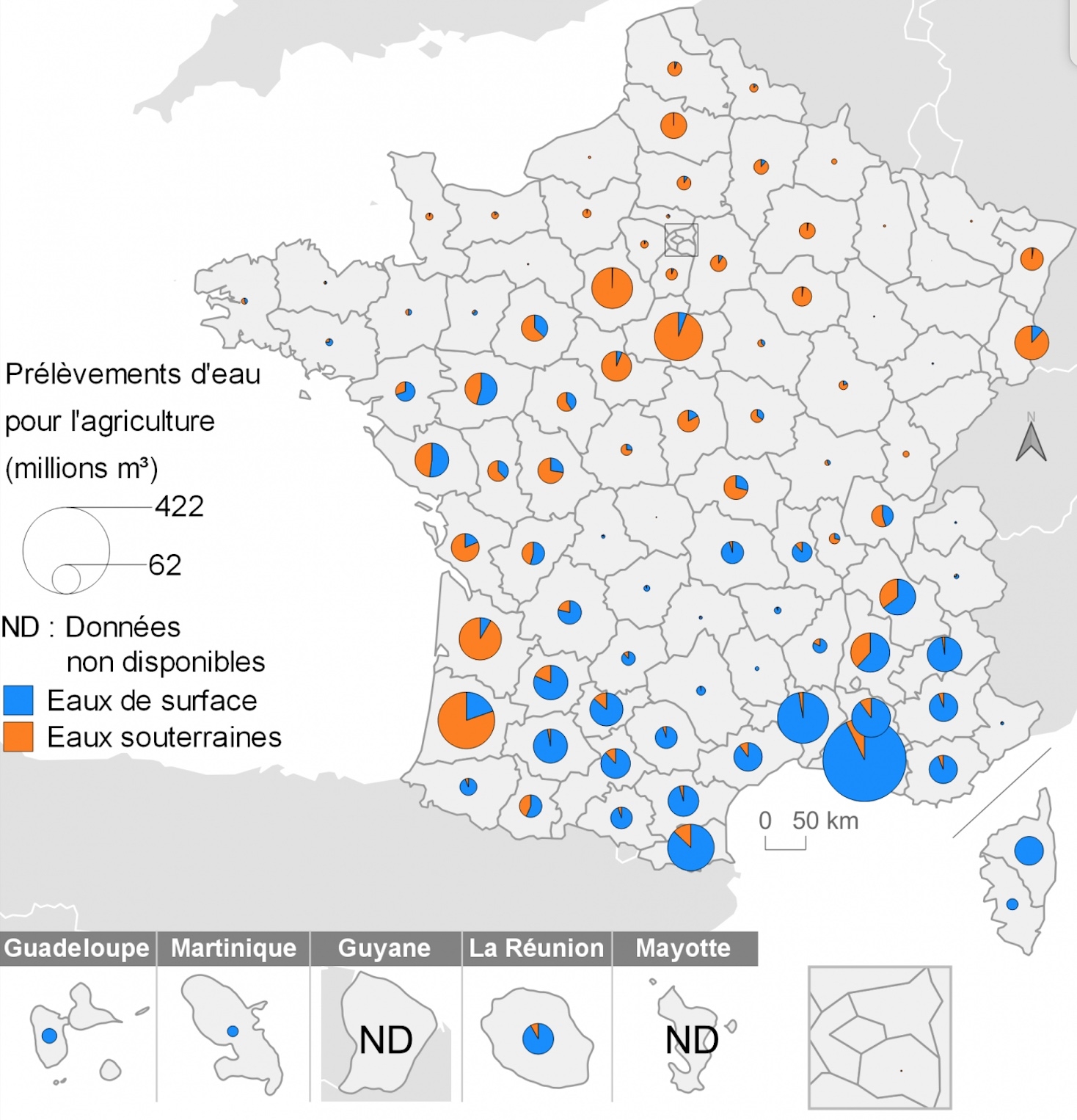 Prélèvements d’eau douce pour l’agriculture par département en 2019 (Source : Office français de la biodiversité)