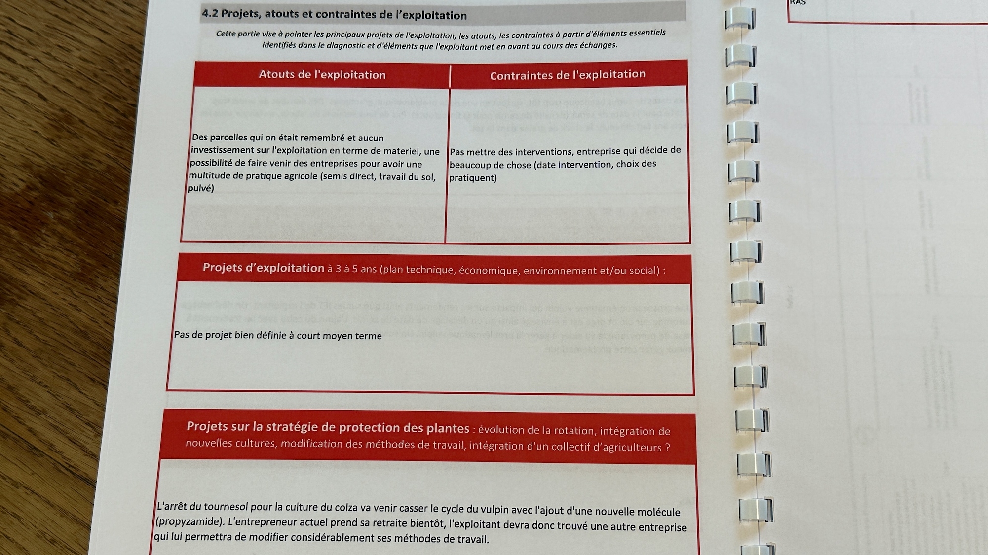 Un extrait du CSP relatif aux projets, atouts et contraintes de l’exploitation